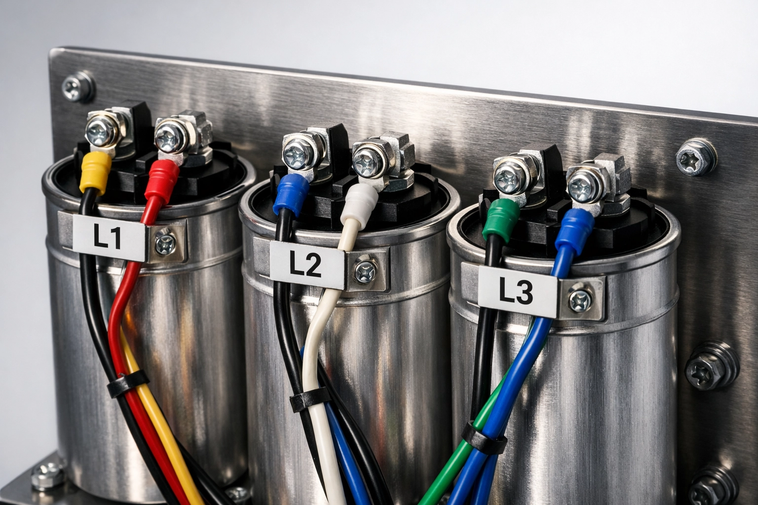 Industrial capacitors and L1 L2 L3 terminal connections on phase converter