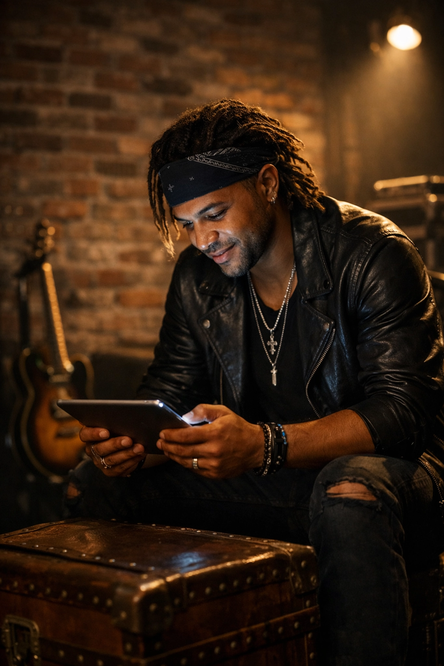 Independent artist engaging with their digital community on a tablet in an authentic backstage studio setting.