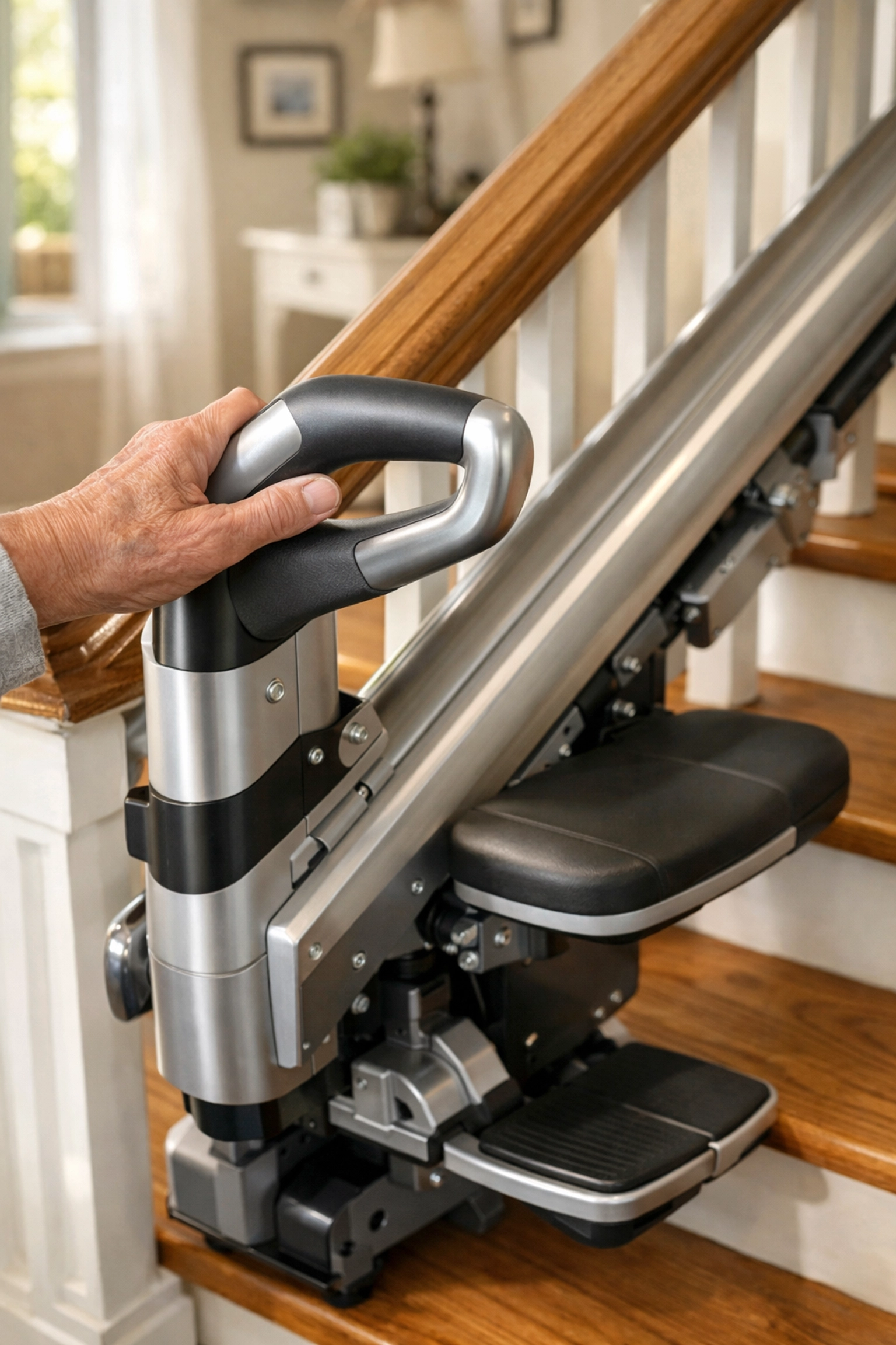 Senior using a mechanical stair climbing assistant handle for fall prevention and stability on stairs.