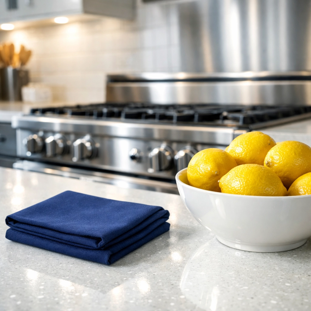 Sanitized luxury kitchen in Bolton, MA with sparkling quartz countertops and grease-free surfaces.