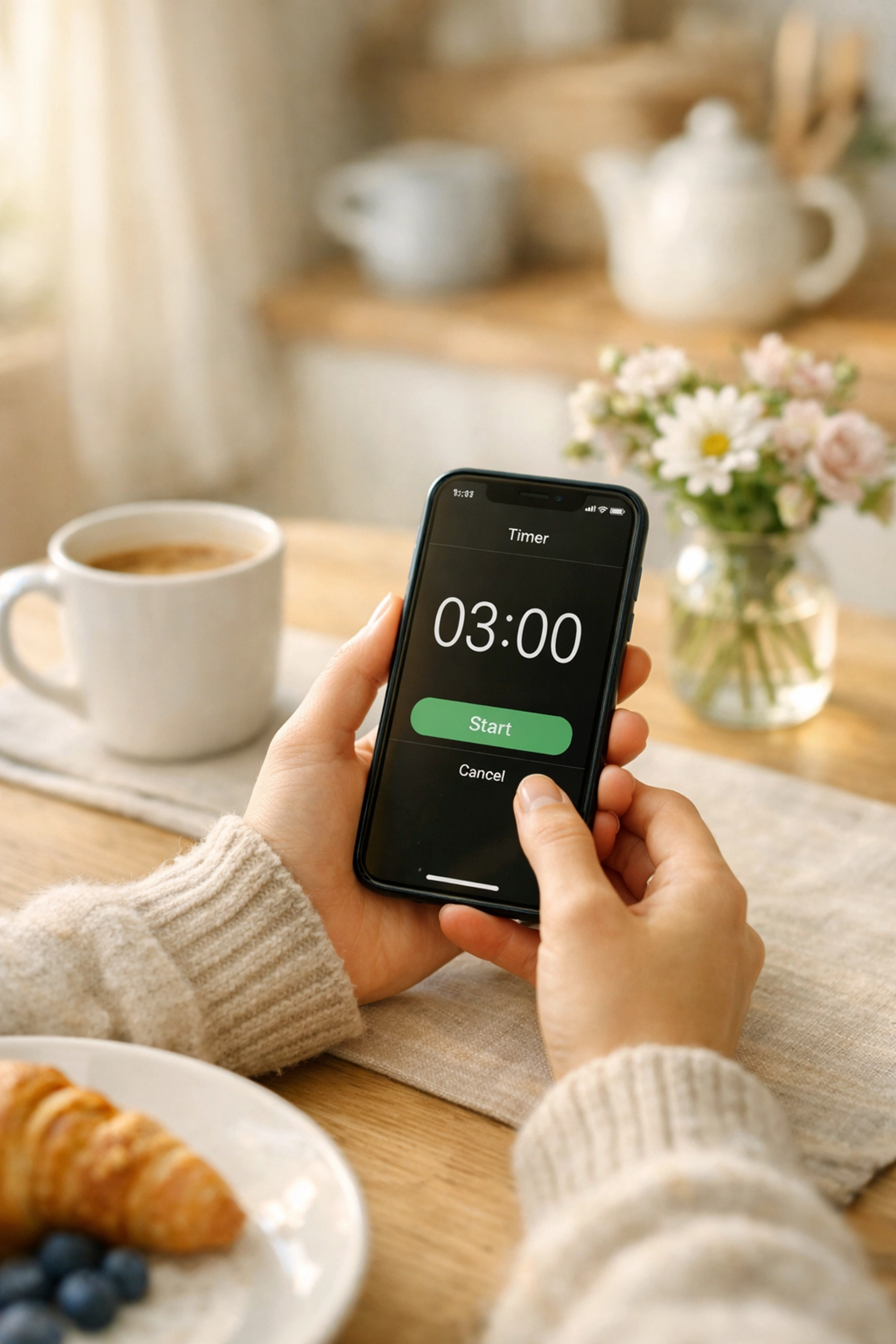 Person setting 3-minute timer on phone for morning news reading at breakfast table