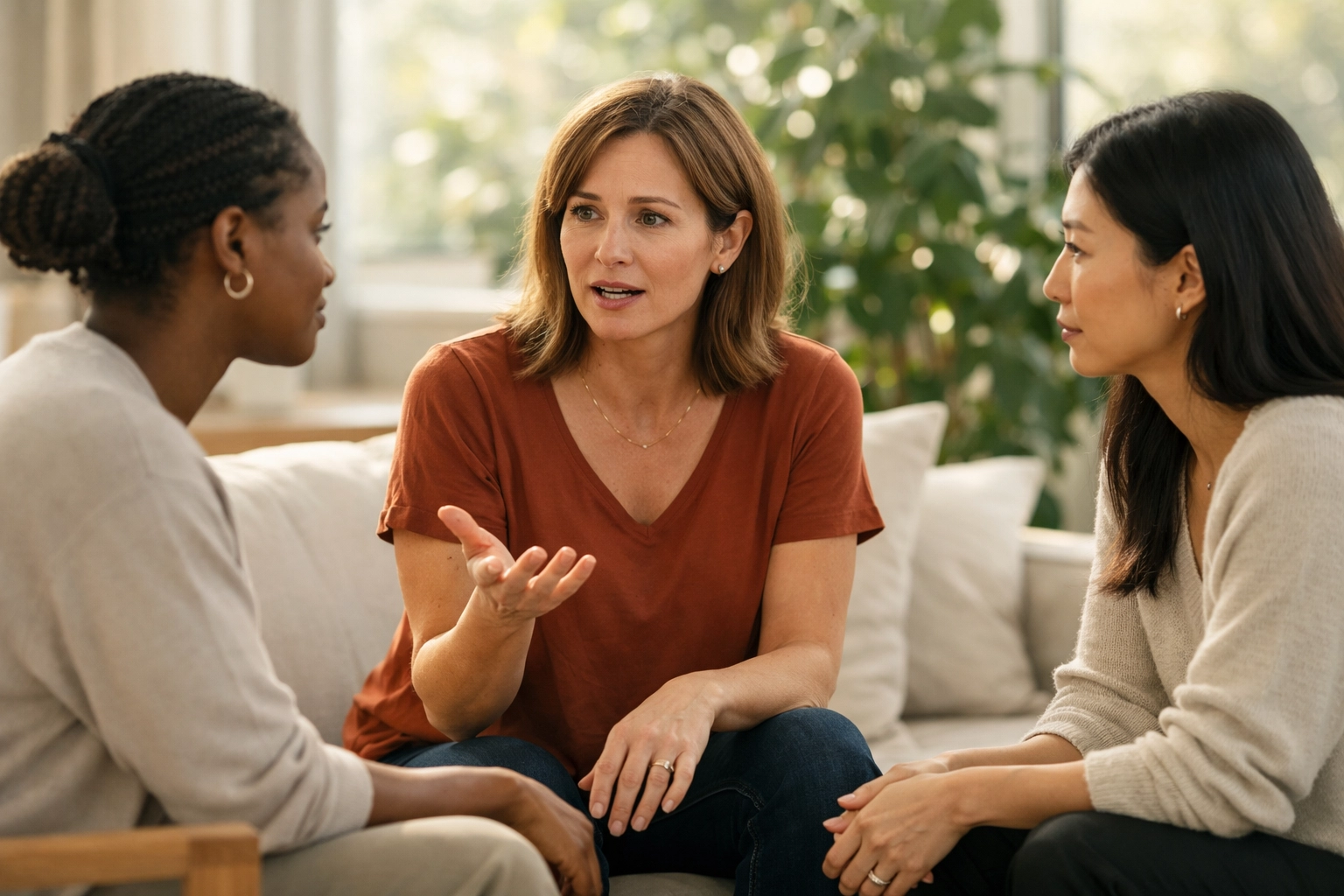Empowered women engaging in a supportive conversation about equality and advocating for positive change together.
