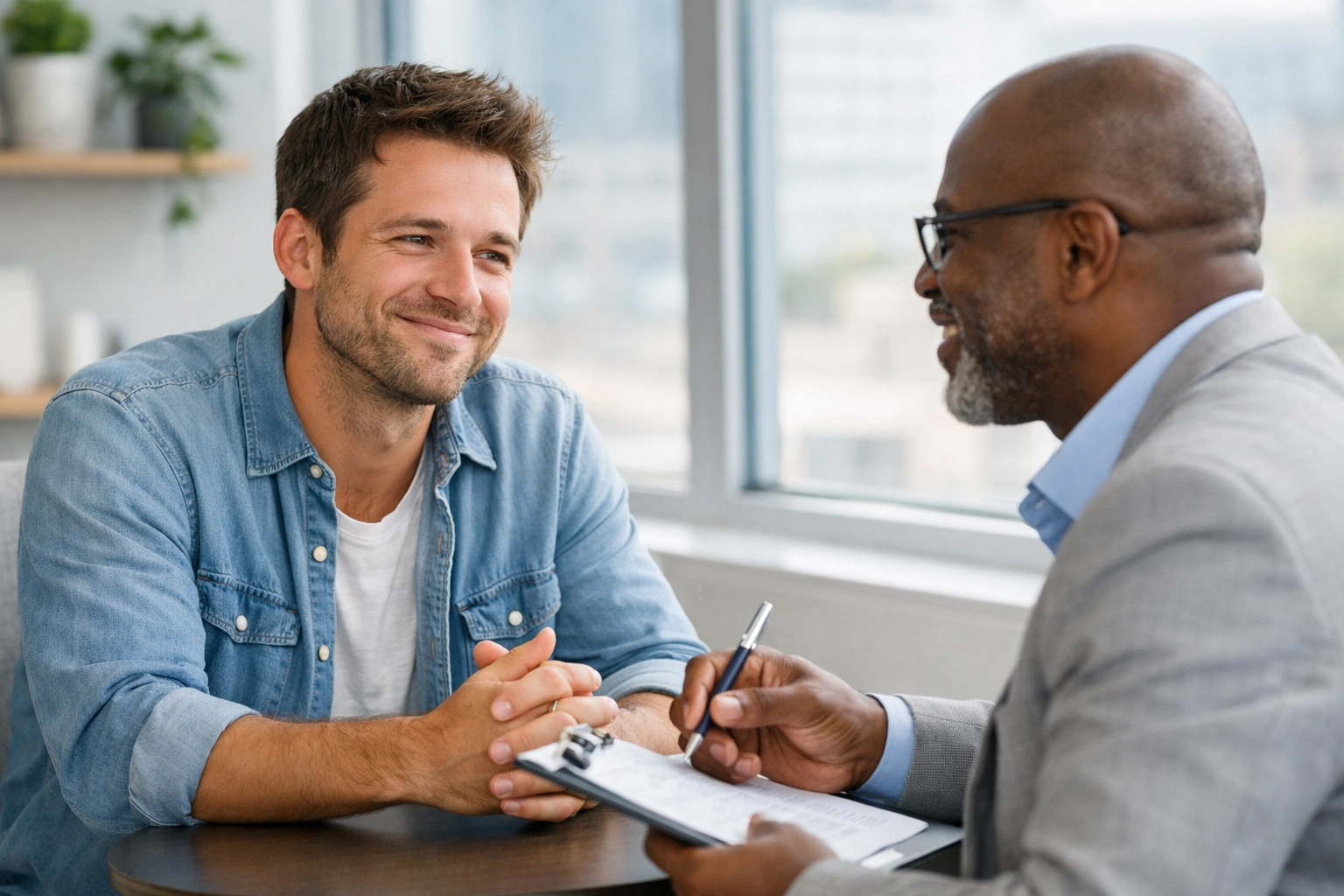 Young man discussing installment loans and bad credit loans in Canada with a lender.
