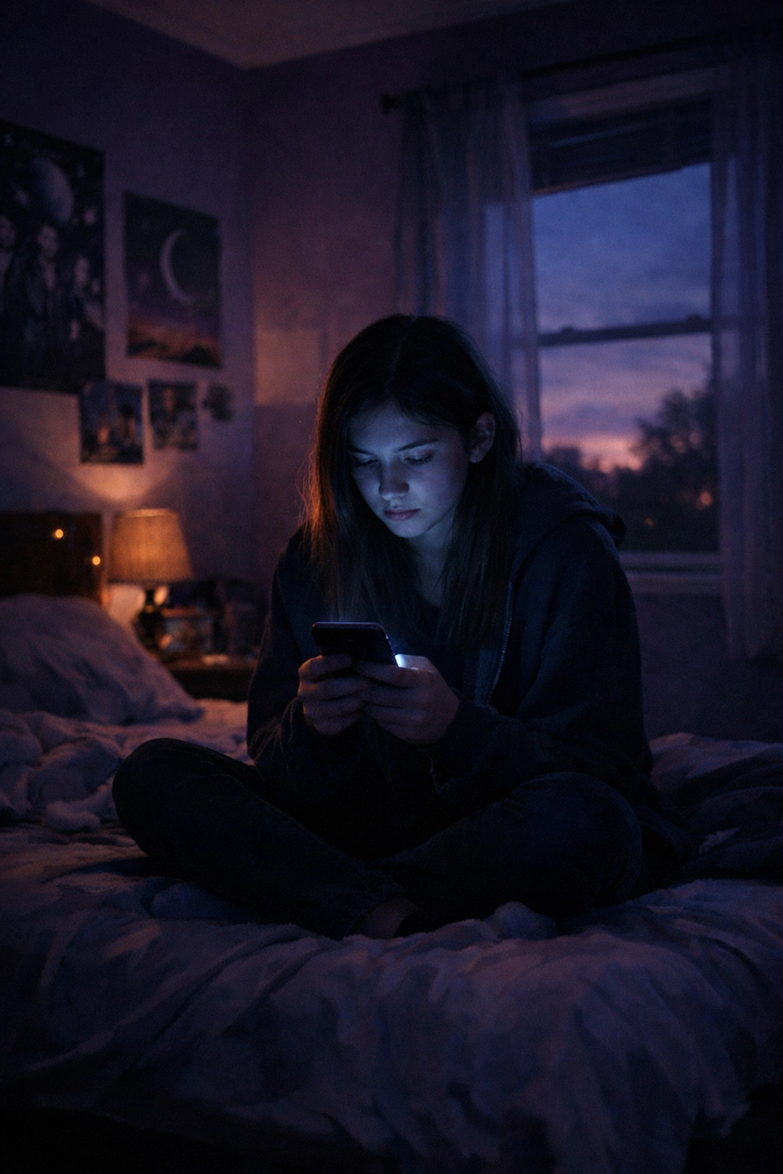 Teen girl sitting alone on bed looking sad while scrolling social media on smartphone