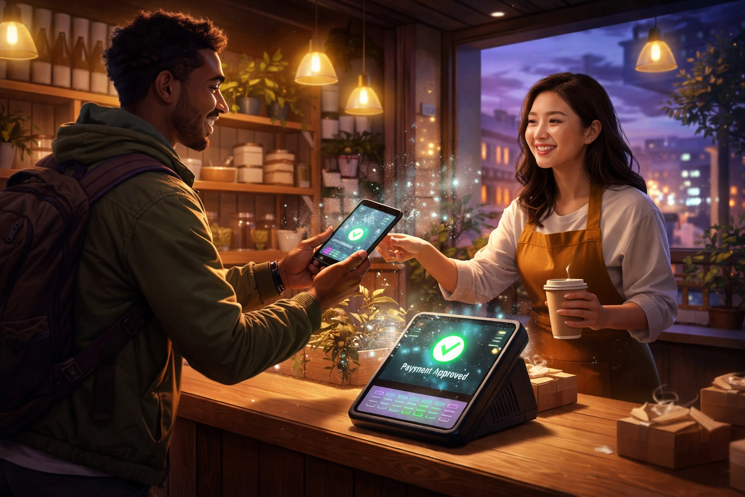 Small business owner accepts a crypto payment at point of sale, showcasing seamless Web3 payments and reduced processing fees.