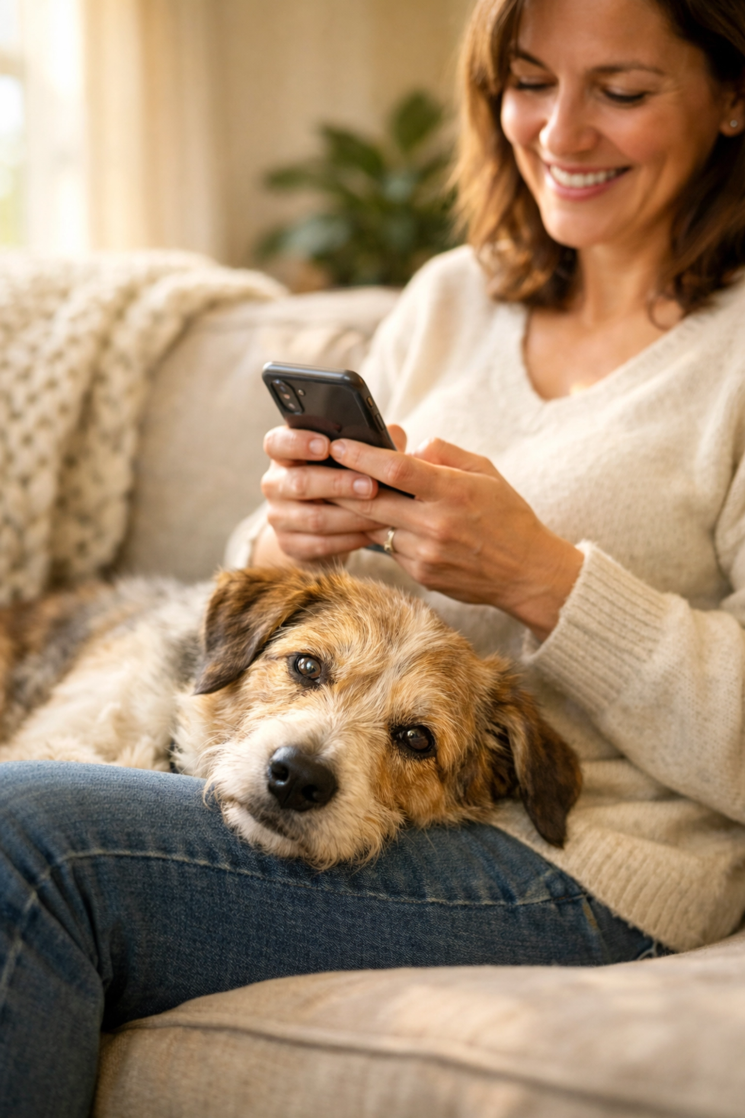 A person using a smartphone to support dog rescue and help animal shelters while relaxing with a happy dog.