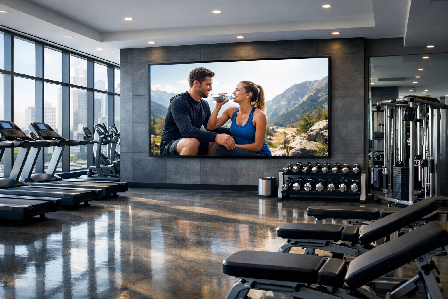 Digital display screen in a modern fitness center reaching a targeted audience during a morning workout.