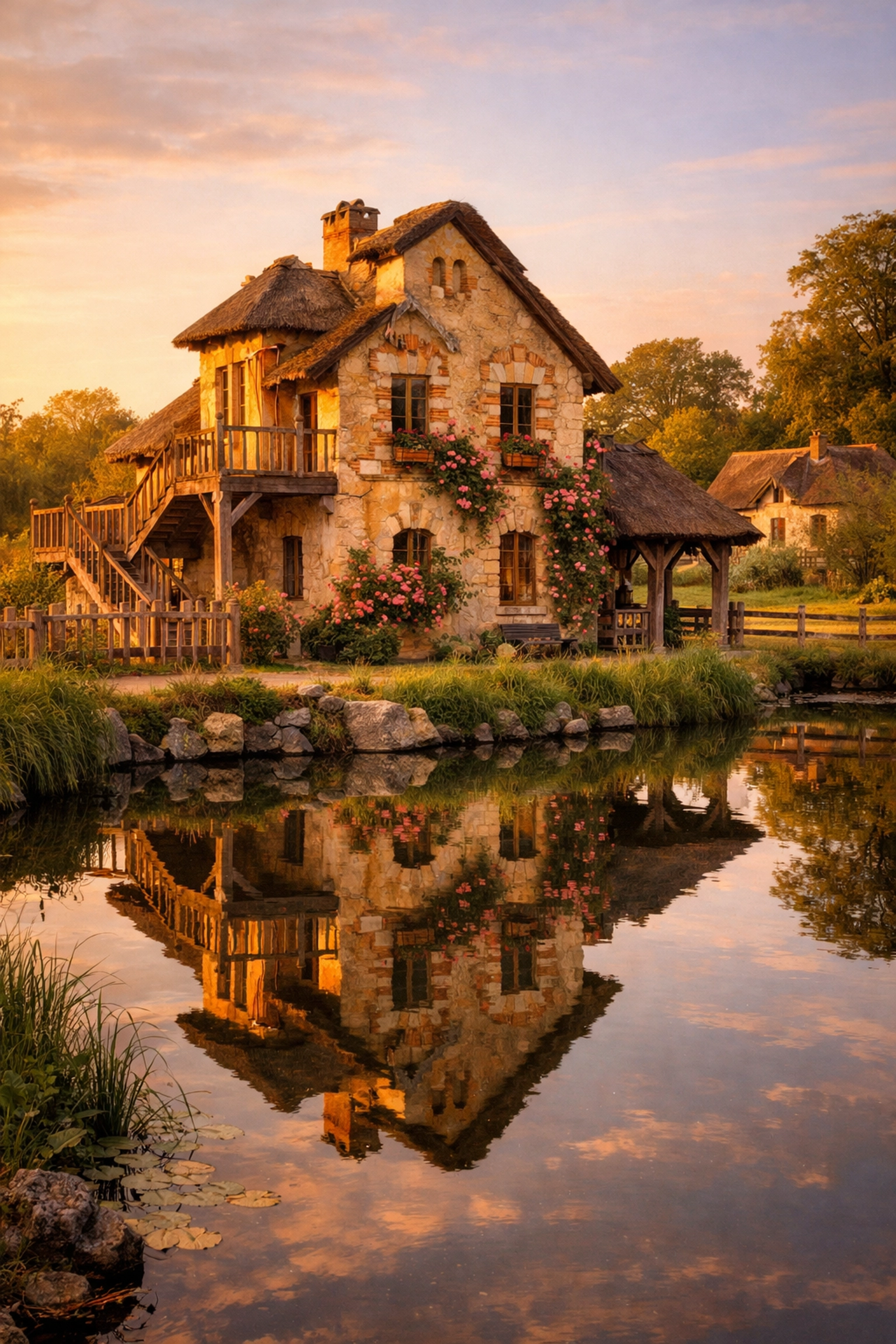Golden hour at the Queen's Hamlet in Versailles, featuring a rustic cottage reflected in a quiet pond.