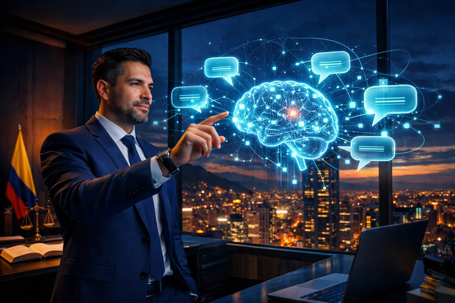 Abogado en Colombia analizando redes neuronales de inteligencia artificial para SEO legal.