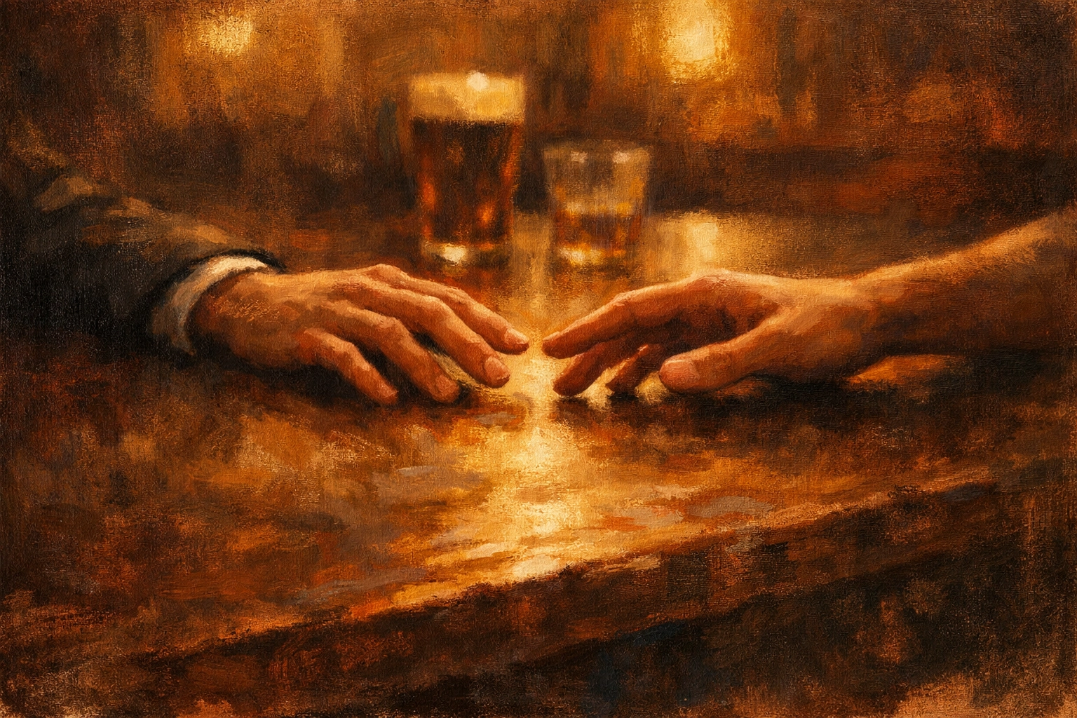 Unrequited gay love depicted through reaching hands across Irish pub table