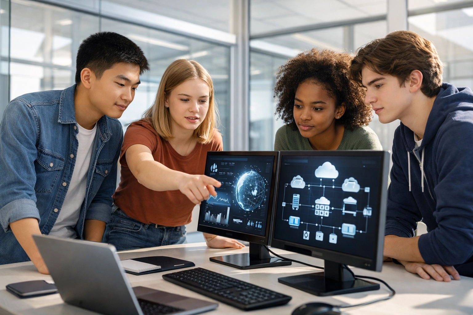 Diverse high school students collaborating on data analytics and cloud infrastructure in a modern tech lab.