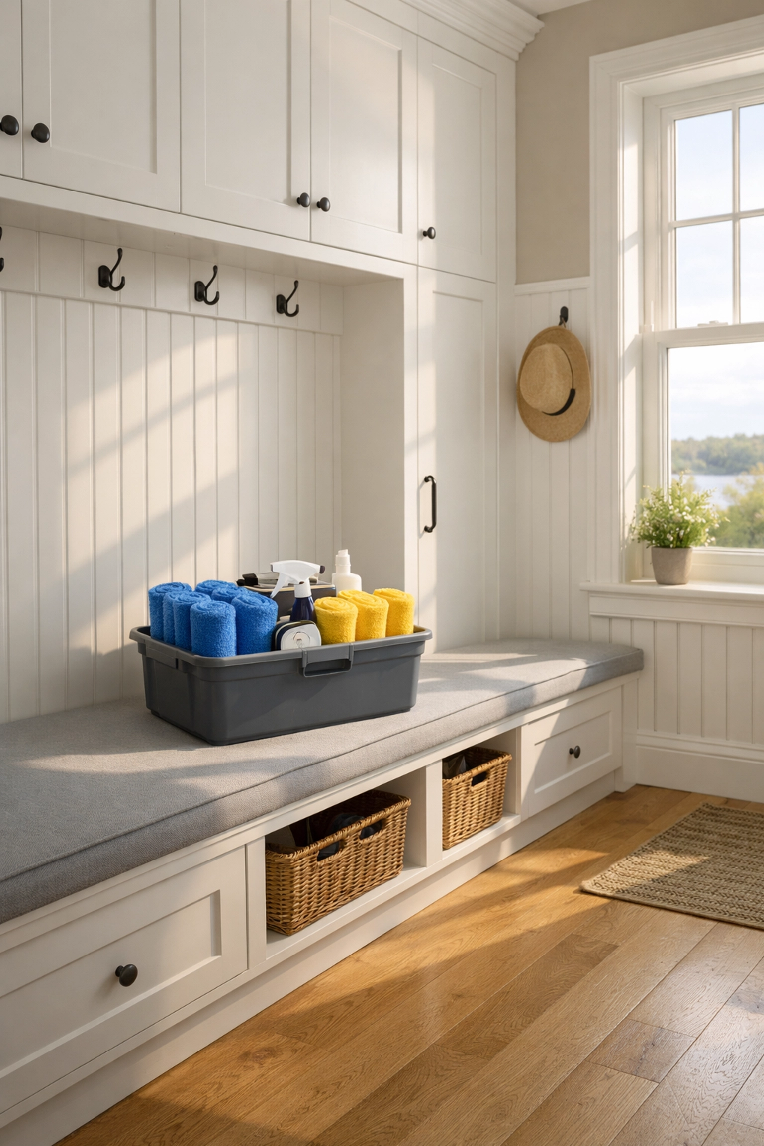 Professional cleaning caddy in a clean Lunenburg mudroom showing maid service reliability and readiness.