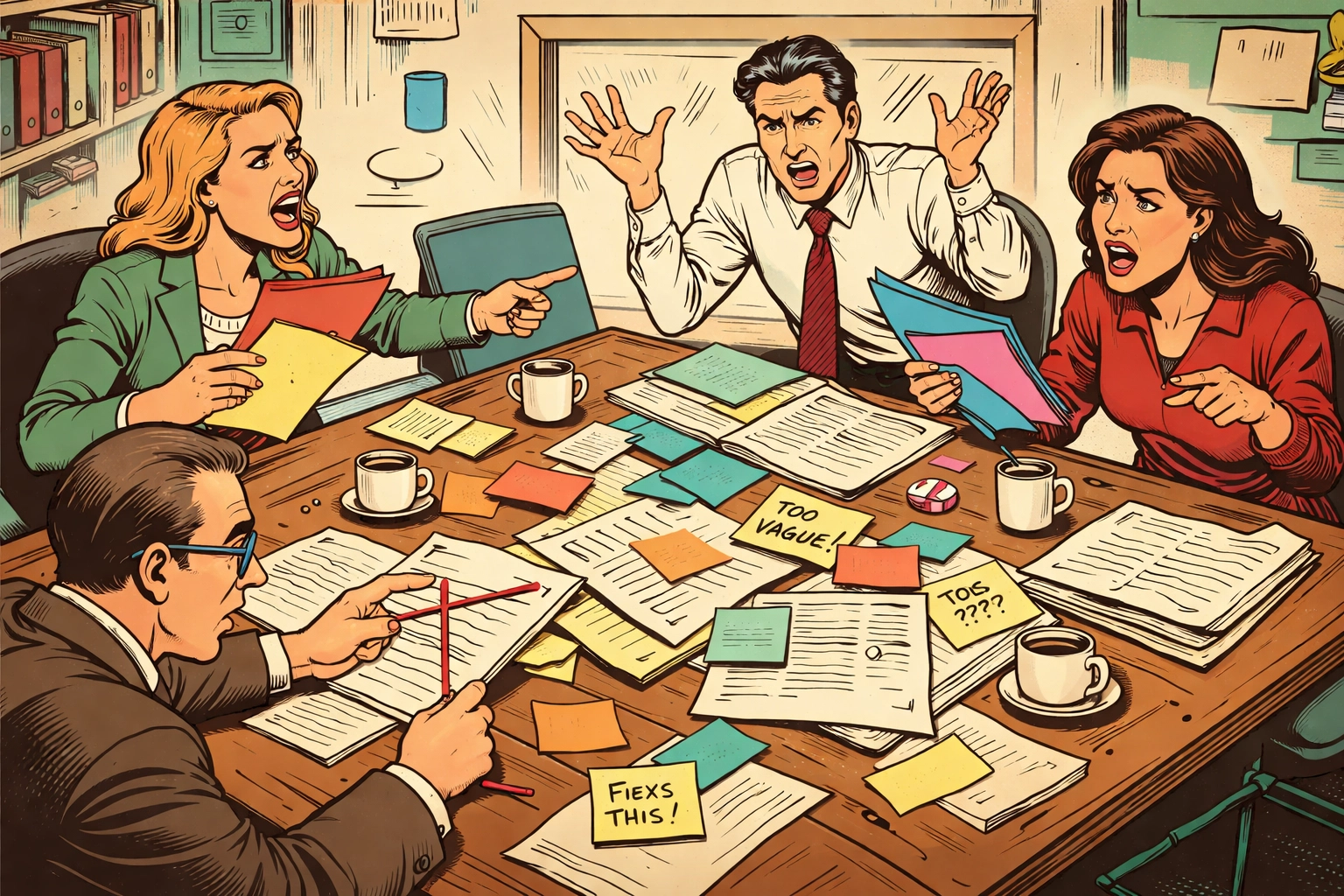 Retro comic graphic of a chaotic Red Team meeting, showing disagreement and misaligned proposal feedback