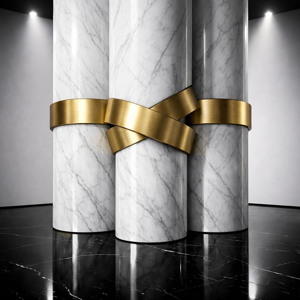 Three marble pillars with gold bands representing Lawpreneur® legal foundations and business protection.