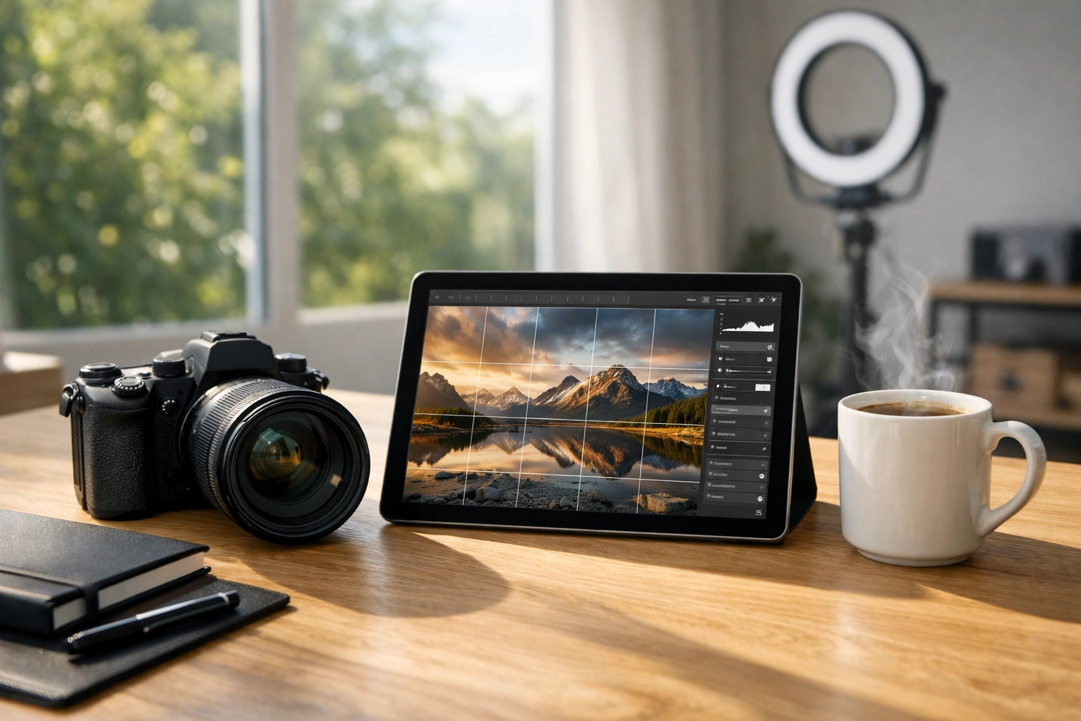 Minimalist photography workspace with a camera and tablet used for following photography tutorials.
