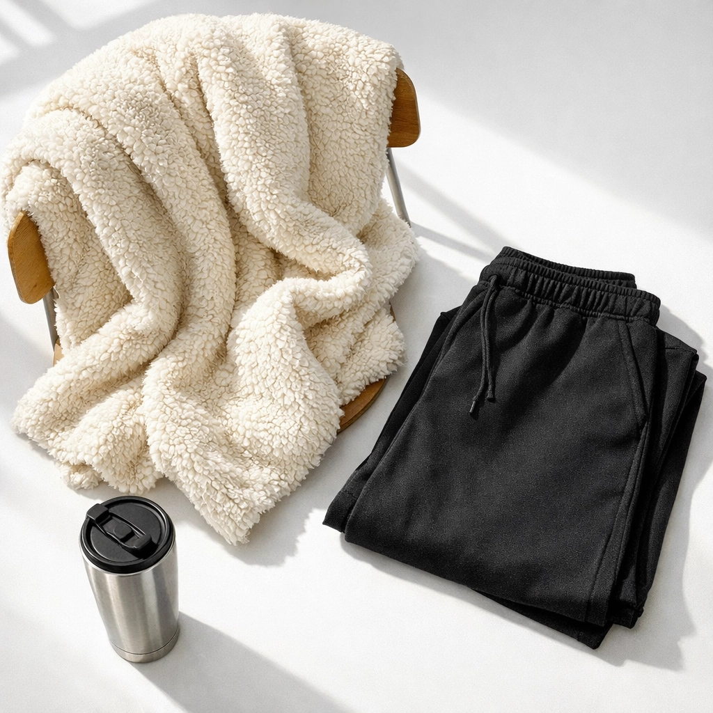 PWPTAOS Sherpa blanket, wide-leg pants, and stainless steel tumbler lifestyle collection