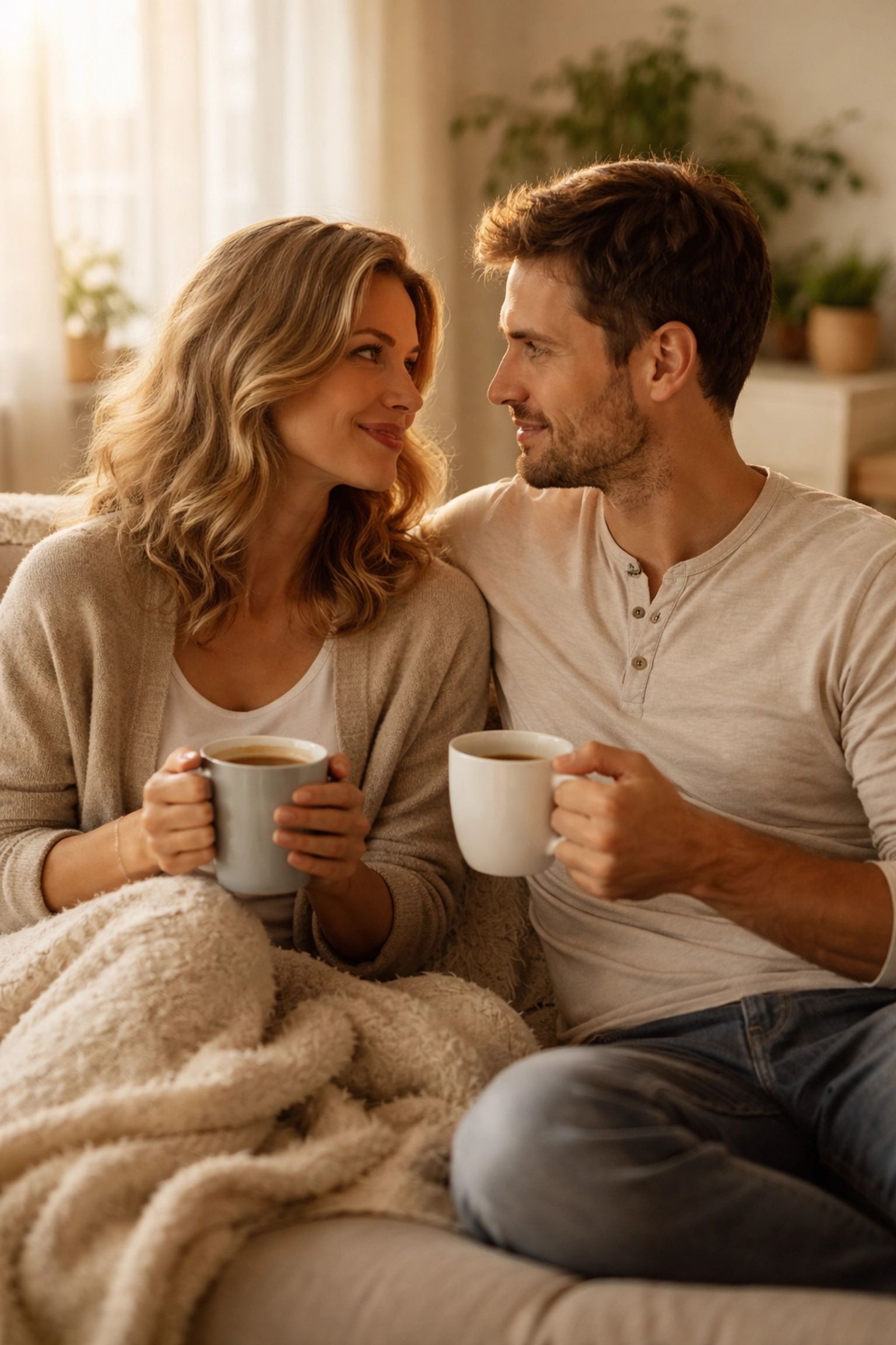 Married couple having a heartfelt conversation on a cozy couch to strengthen post-holiday connection