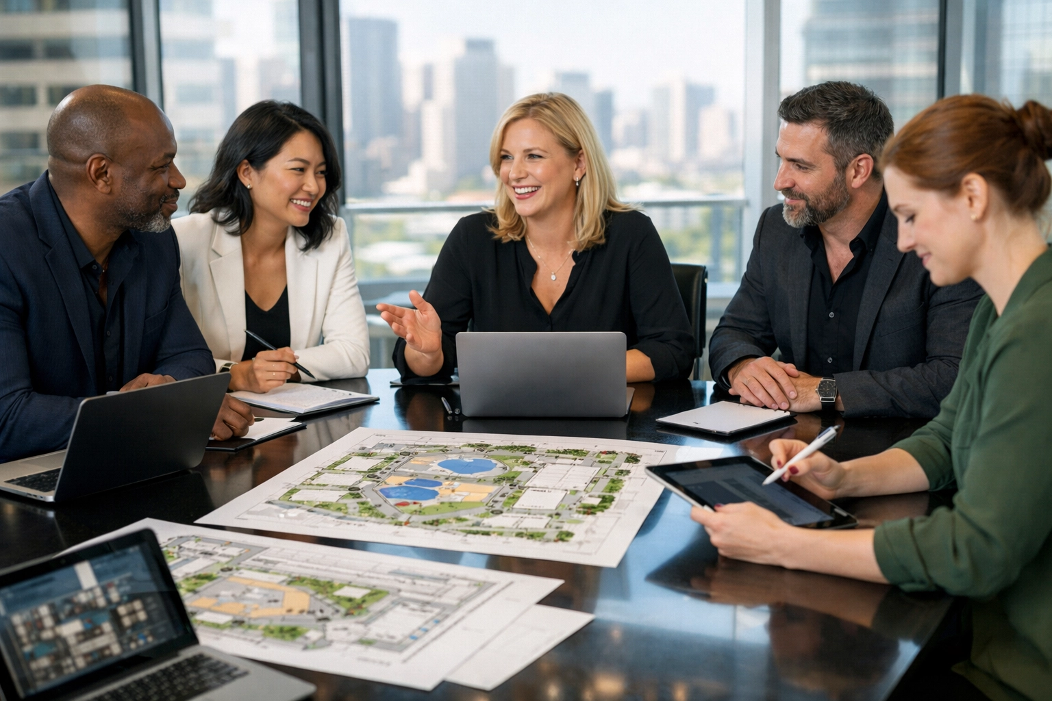 Dakdan Worldwide consultants performing strategic event planning and venue selection in a professional boardroom.