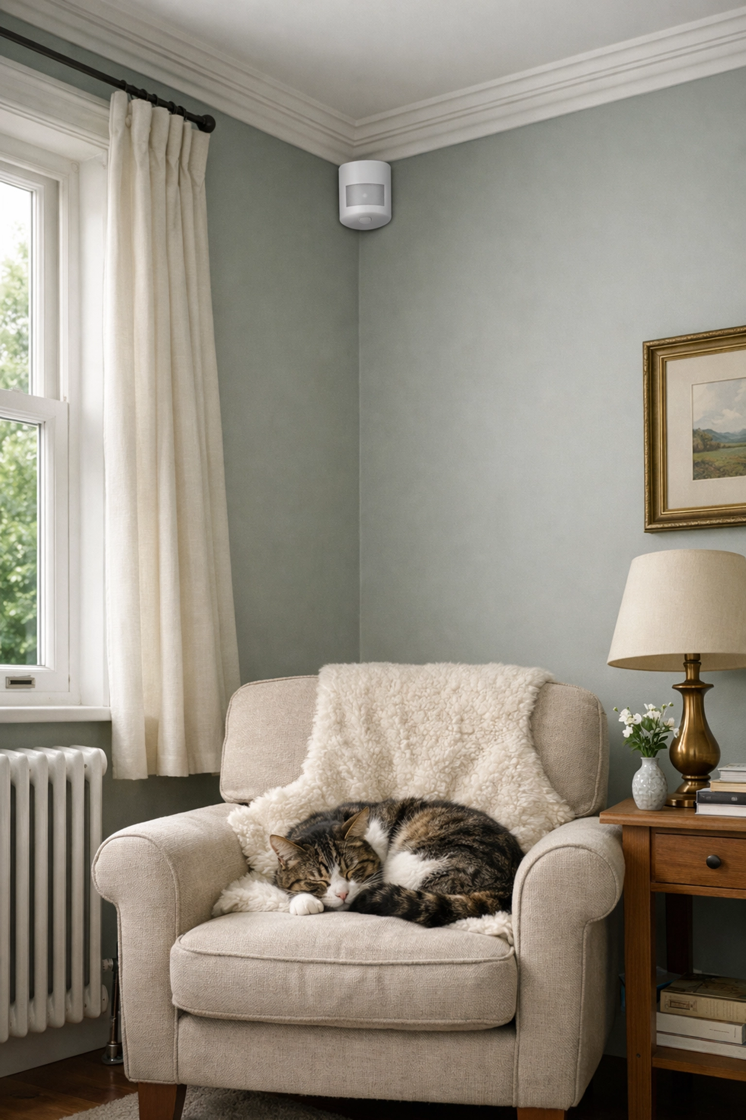 Pet-friendly motion sensor installed in a modern living room for reliable home security.