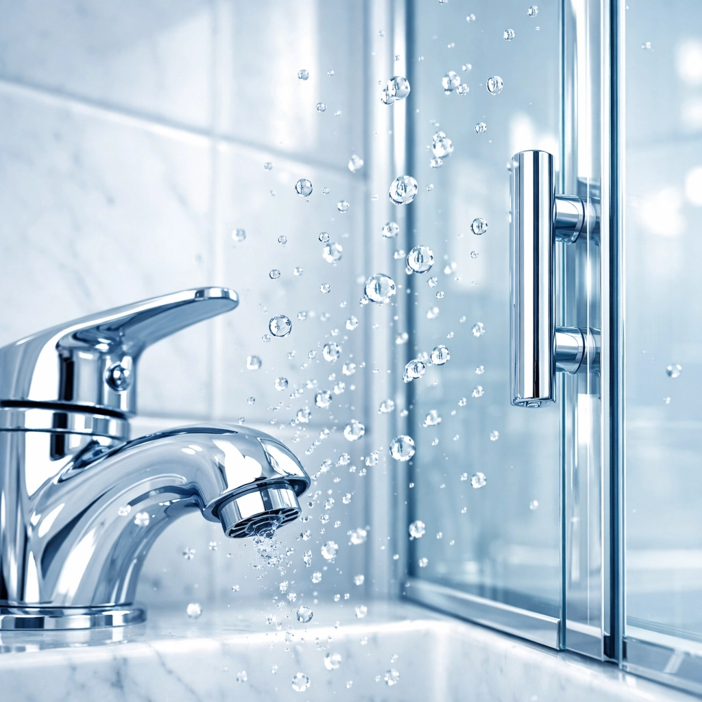 Detailed view of clean bathroom grout and chrome fixtures after professional deep cleaning services.