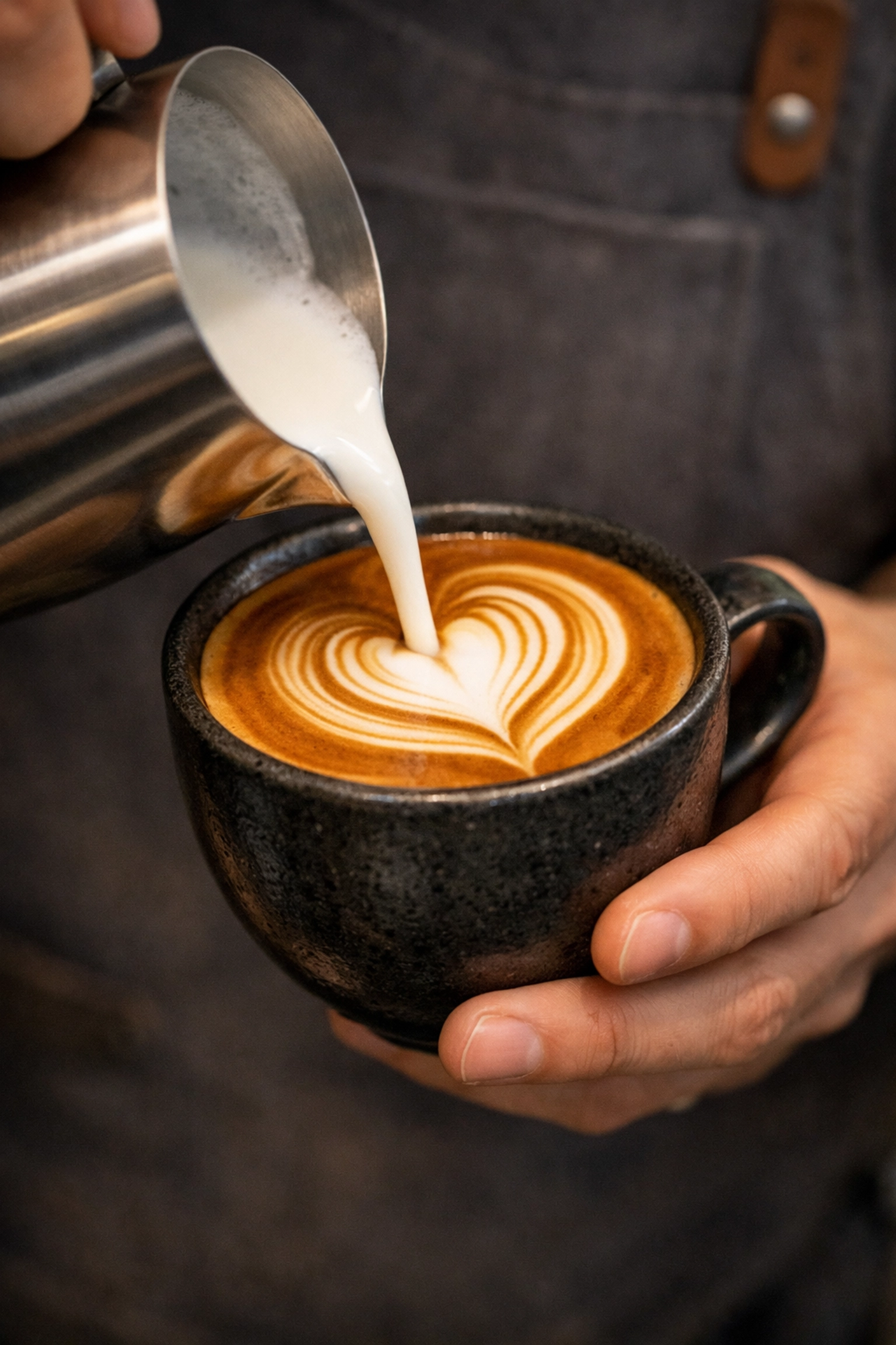 Barista performing expert latte art pour into a rich espresso cup during professional training.