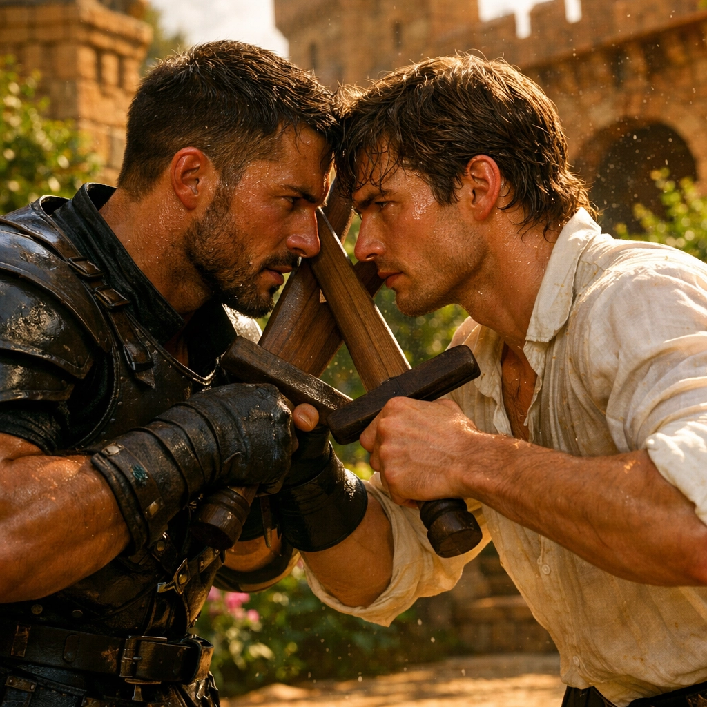 A guard and prince sparring in a courtyard, a dramatic scene often found in the best MM romance books.