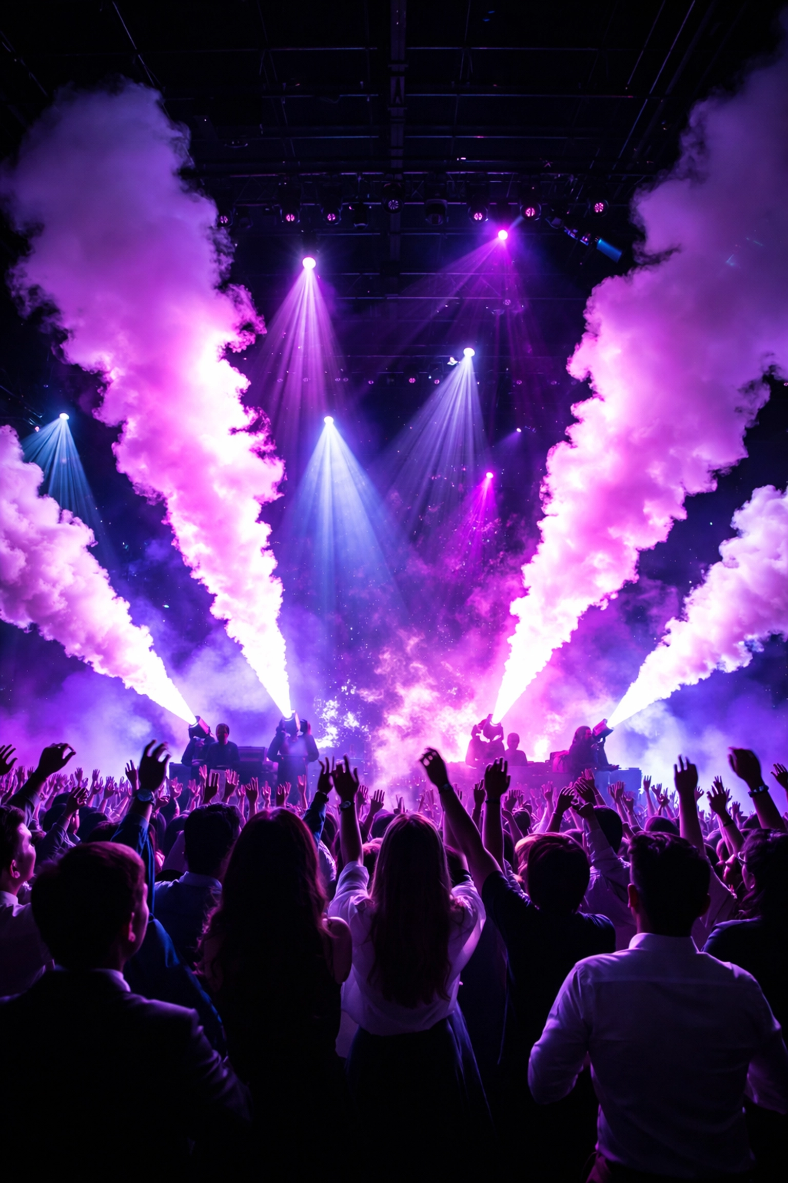CO₂ LED Cryo Guns create vibrant fog blasts with LED lights at a high-energy corporate event, impressing guests.