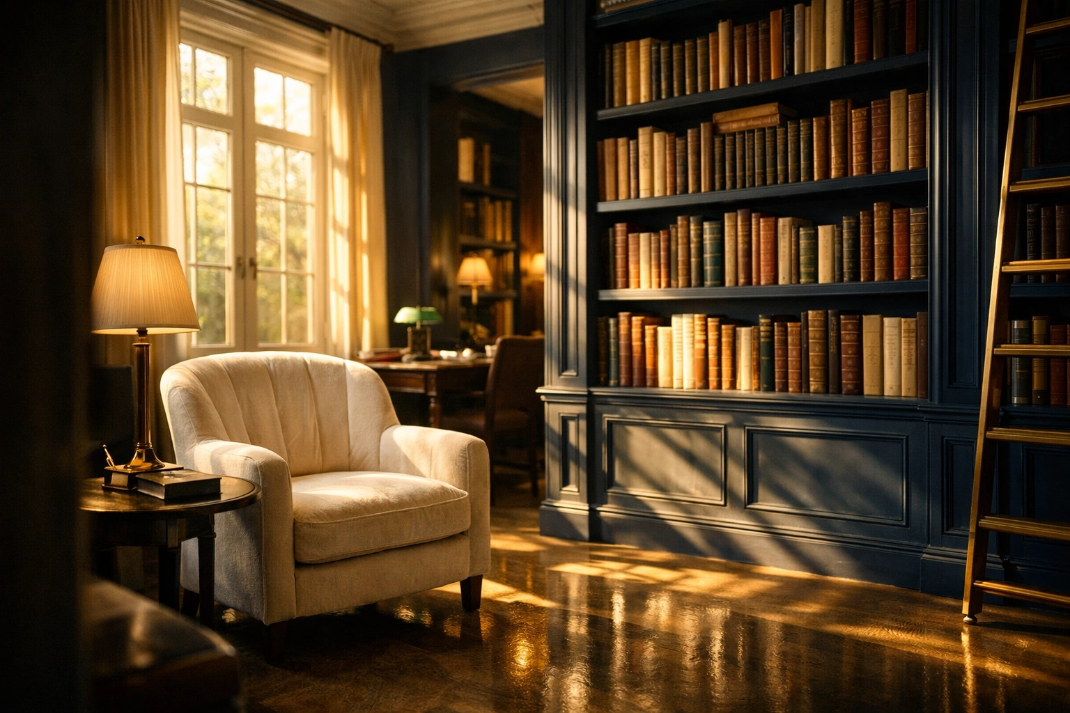 A quiet luxury library showing the mental clarity benefits of apartment cleaning in smaller living spaces.
