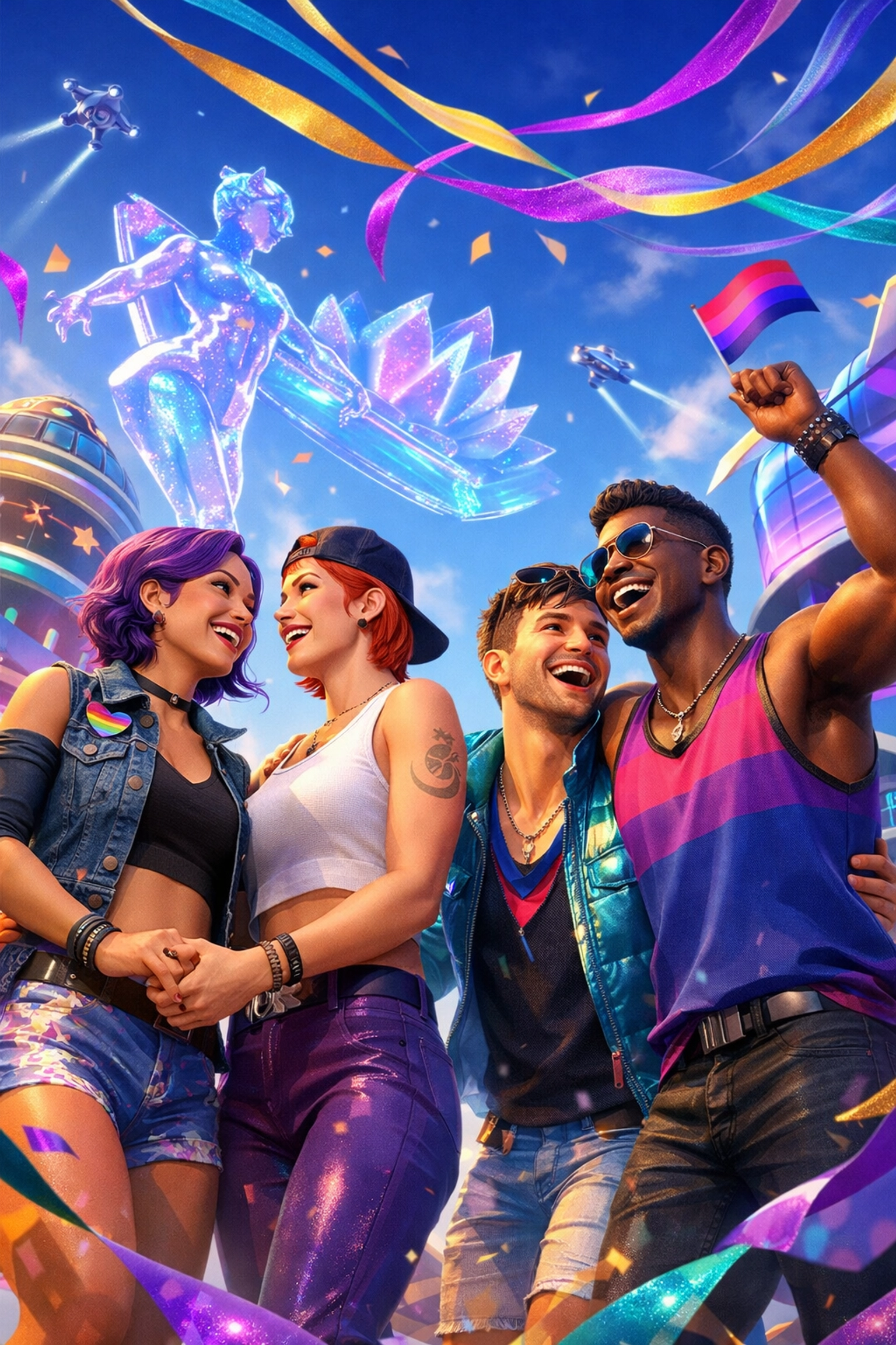 Diverse LGBTQ+ friends celebrating at a sunny community festival, representing the theme of 2026 gay books.