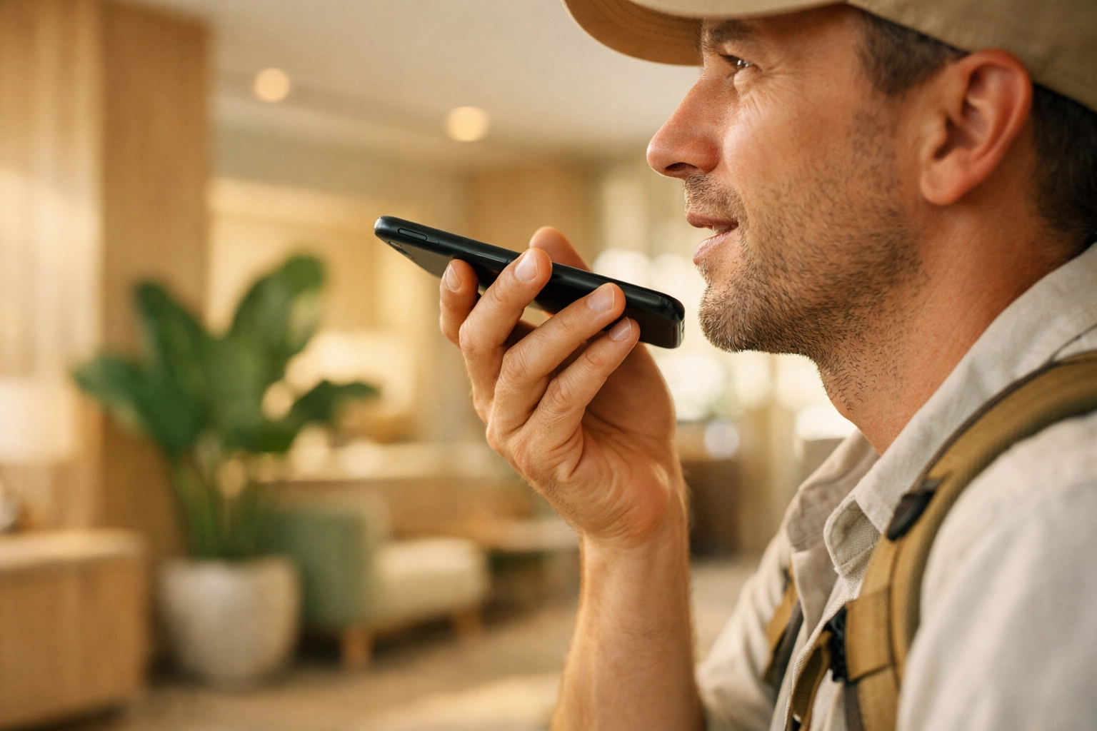 Traveler using voice search and conversational AI to book a room in a modern hotel lobby.