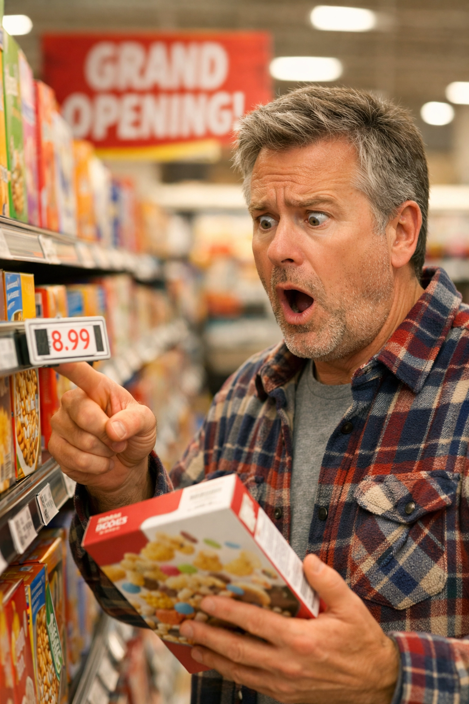 Man experiencing sticker shock at high grocery prices as inflation impacts the family bank account.