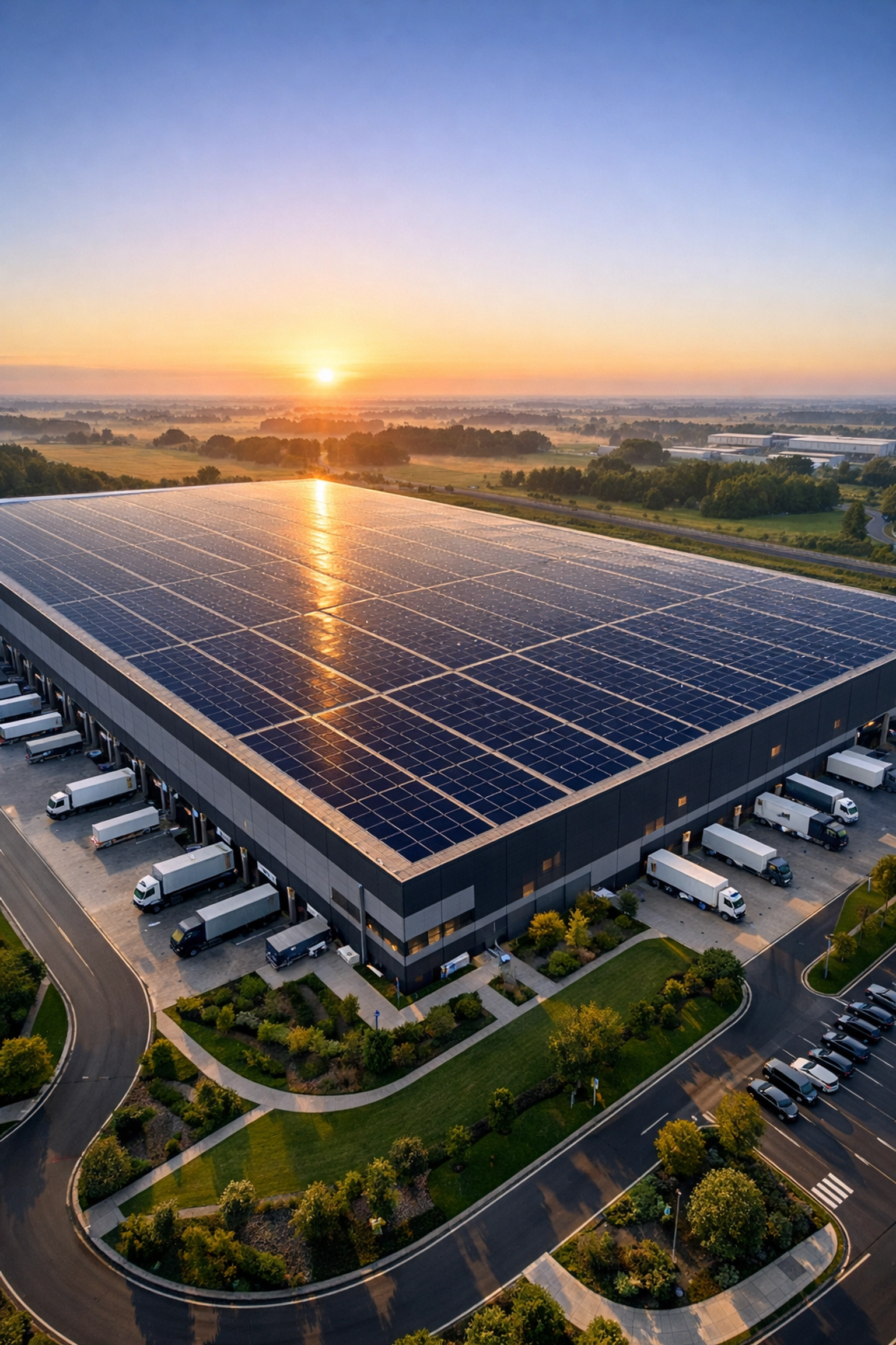 Large-scale commercial solar installation on a distribution centre roof for long-term energy independence.