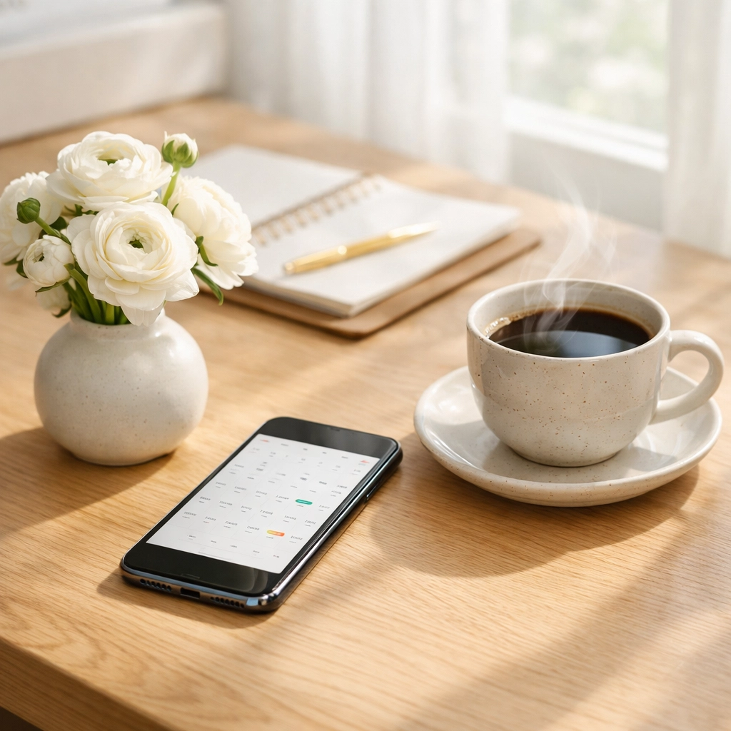 Modern desk with a smartphone showing digital RSVP efficiency for wedding planning.