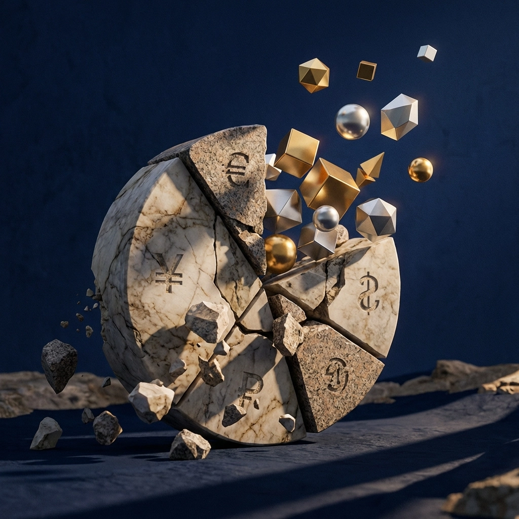 Stone pie chart breaking apart with golden shapes rising, illustrating modern diversification strategies for accredited investors.