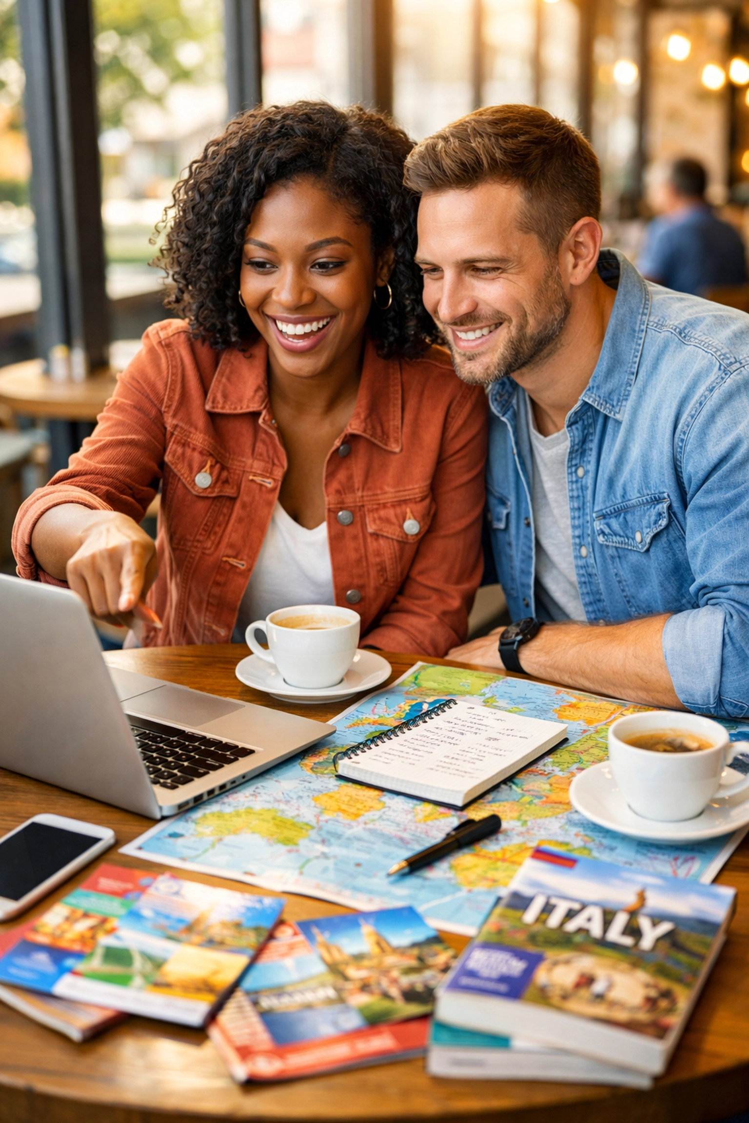Couple planning custom travel itinerary together with laptop, maps, and travel brochures at cafe