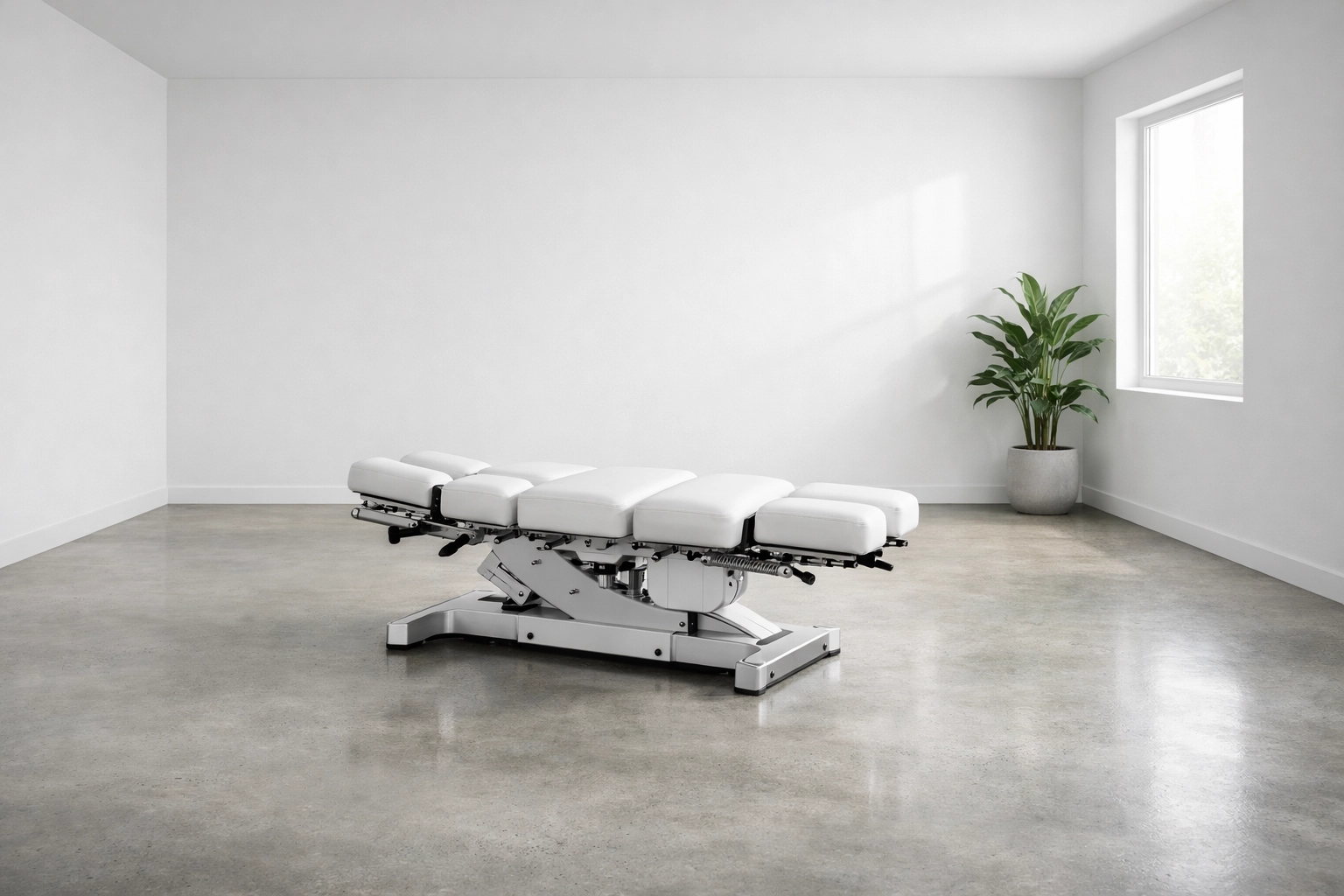 Modern chiropractic adjustment table in a professional clinic representing foundation-first marketing.