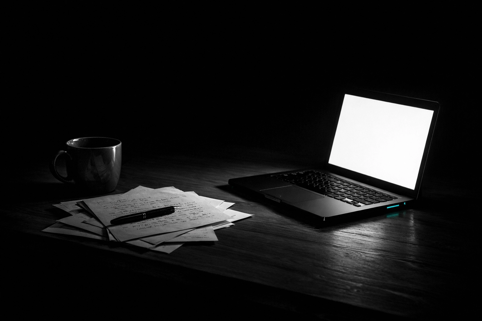A founder's desk at night representing the management overhead of building a lead pipeline manually.
