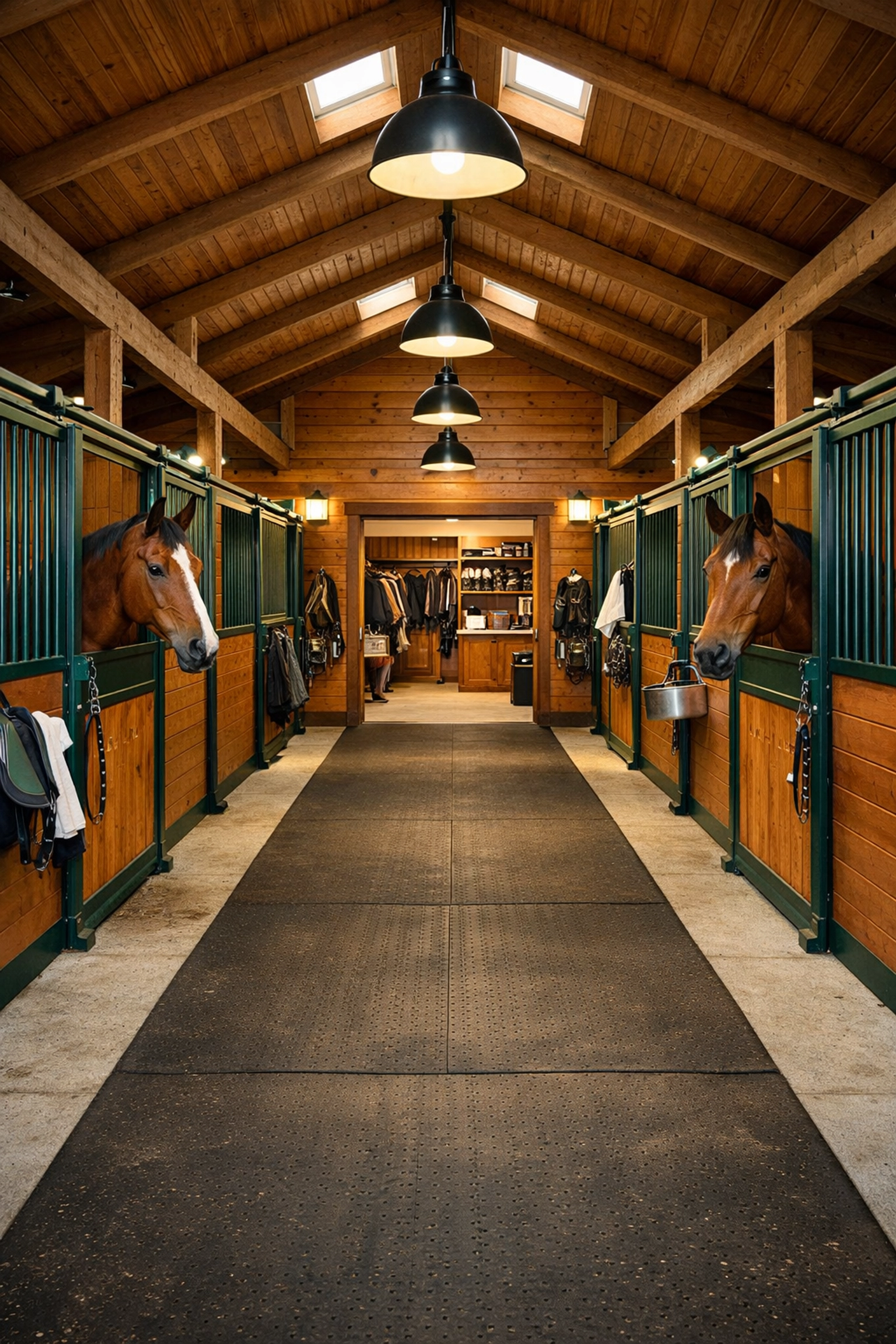 Professional horse barn interior with multiple stalls for boarding
