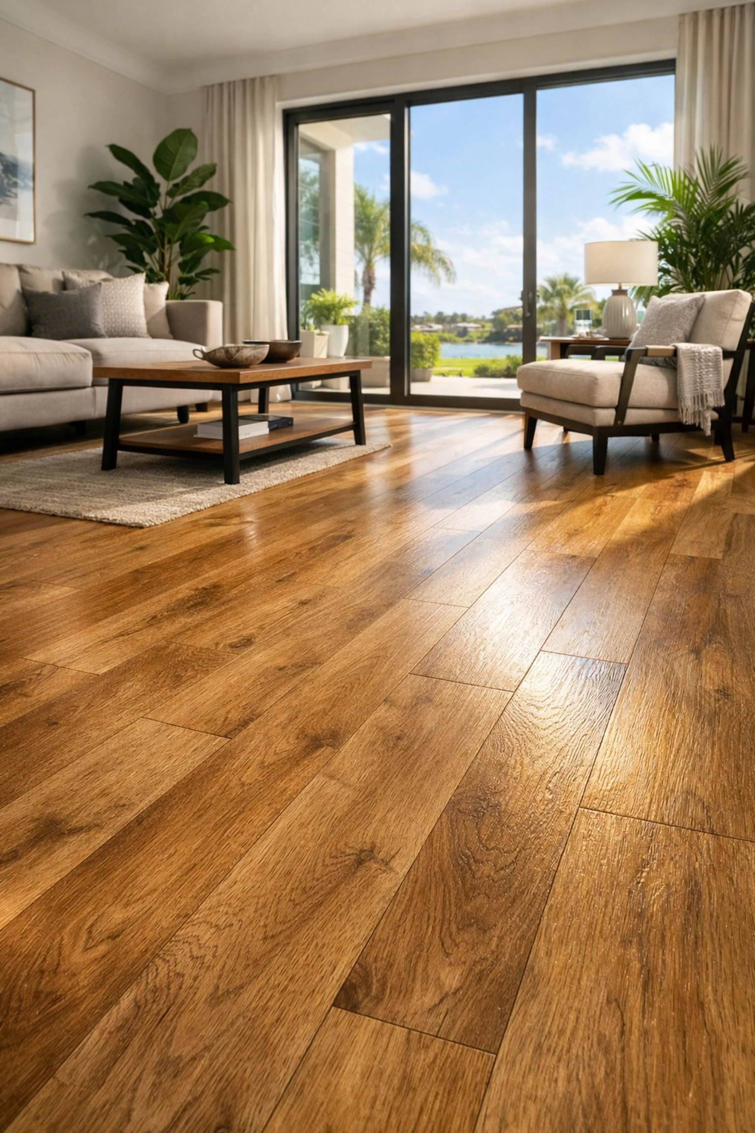 Luxury vinyl plank flooring installation in modern Orlando living room with natural light