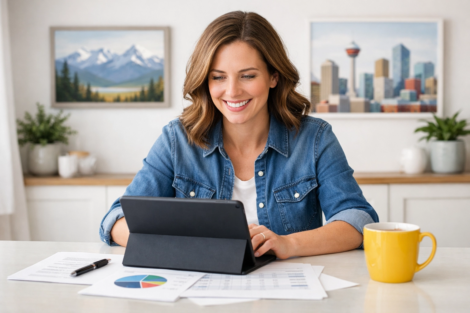 Happy Alberta homeowner reviewing finances on a tablet in a bright modern home office