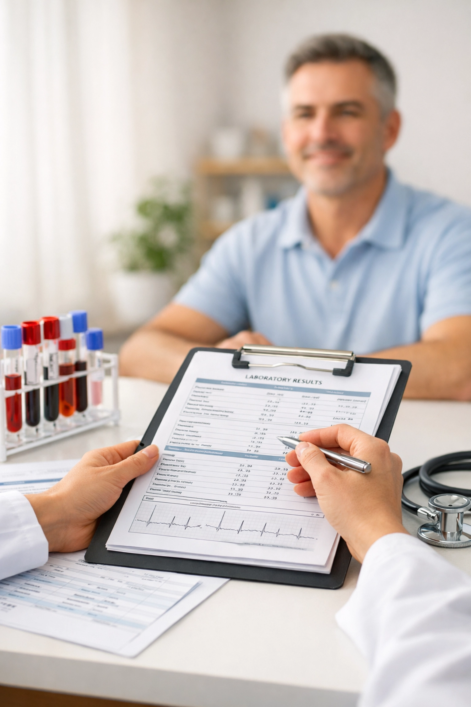 Healthcare provider reviewing lab test results for erectile dysfunction diagnosis