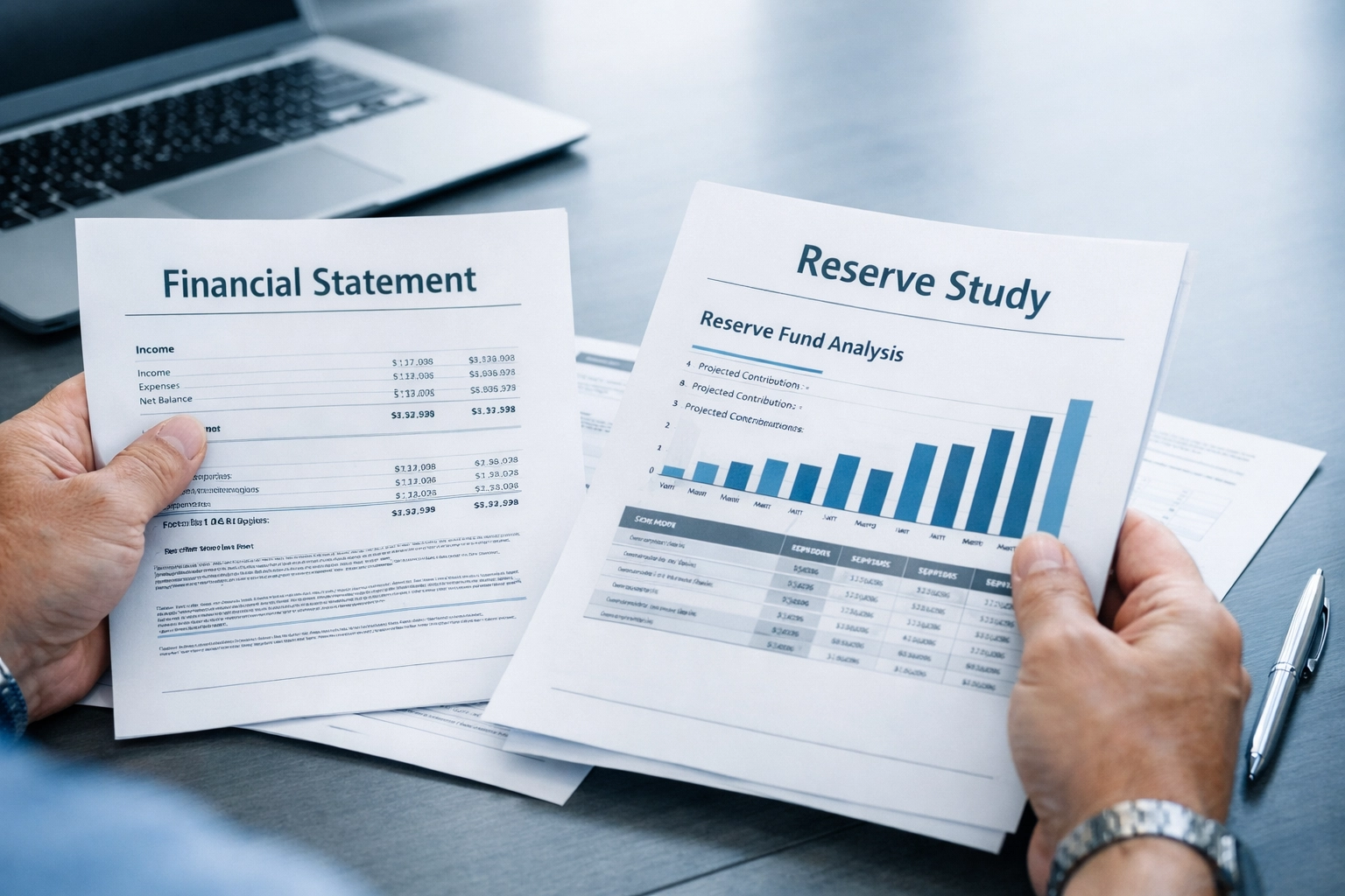 Buyer reviewing condo reserve study and financial statements during document review period