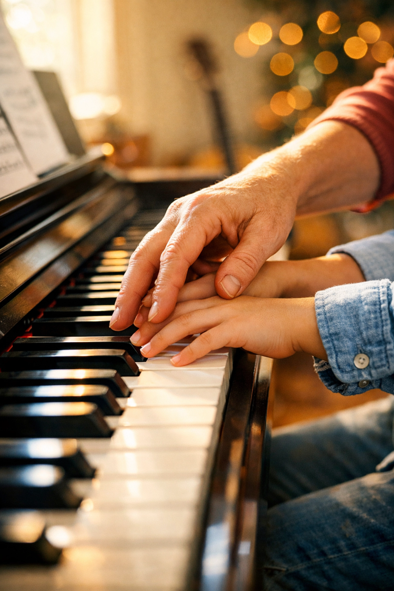 Piano teacher guiding student's hands on keyboard during private piano lesson