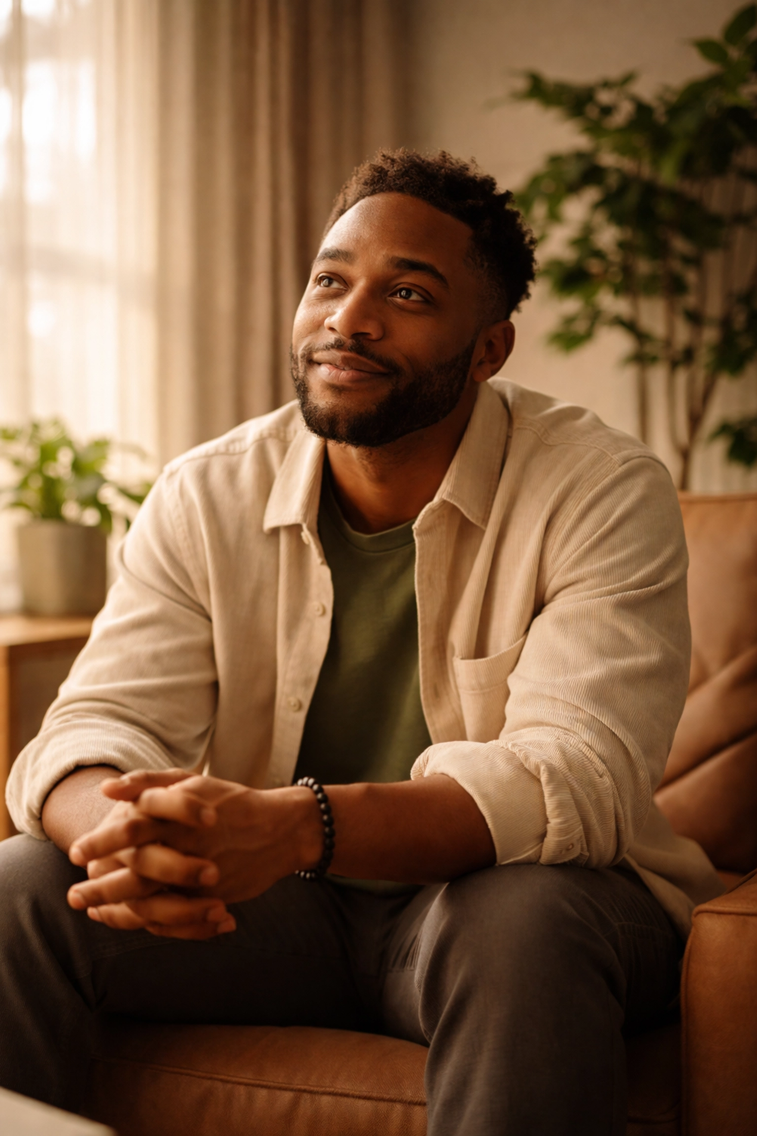 Black man in a therapy office reflecting on healing and mental health support for Black men