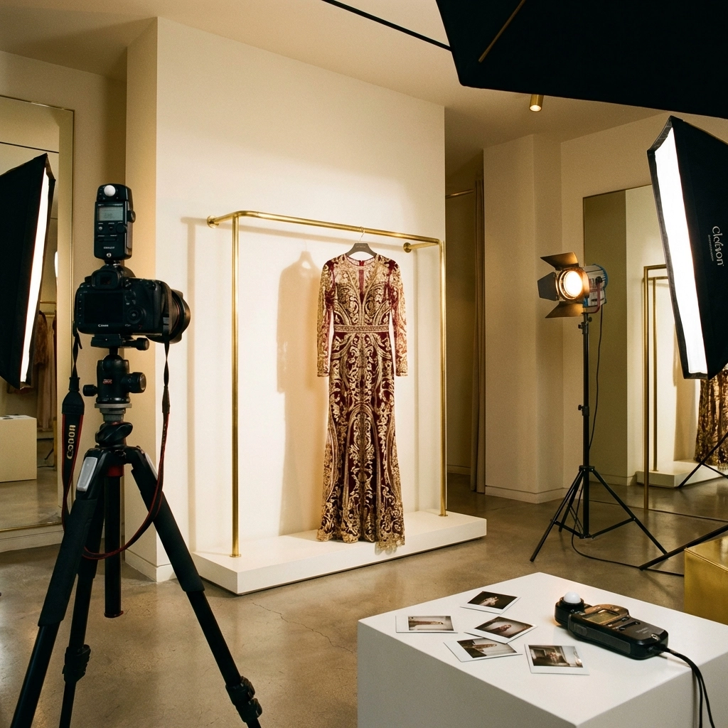 Editorial lookbook display featuring Latin embroidery evening gown in a minimalist, high-fashion showroom
