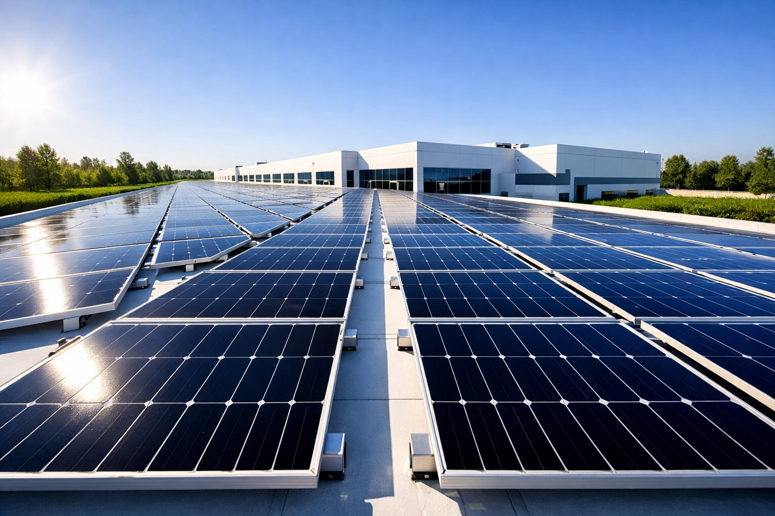 Vast commercial solar power installation on a modern office building roof for sustainable business energy.