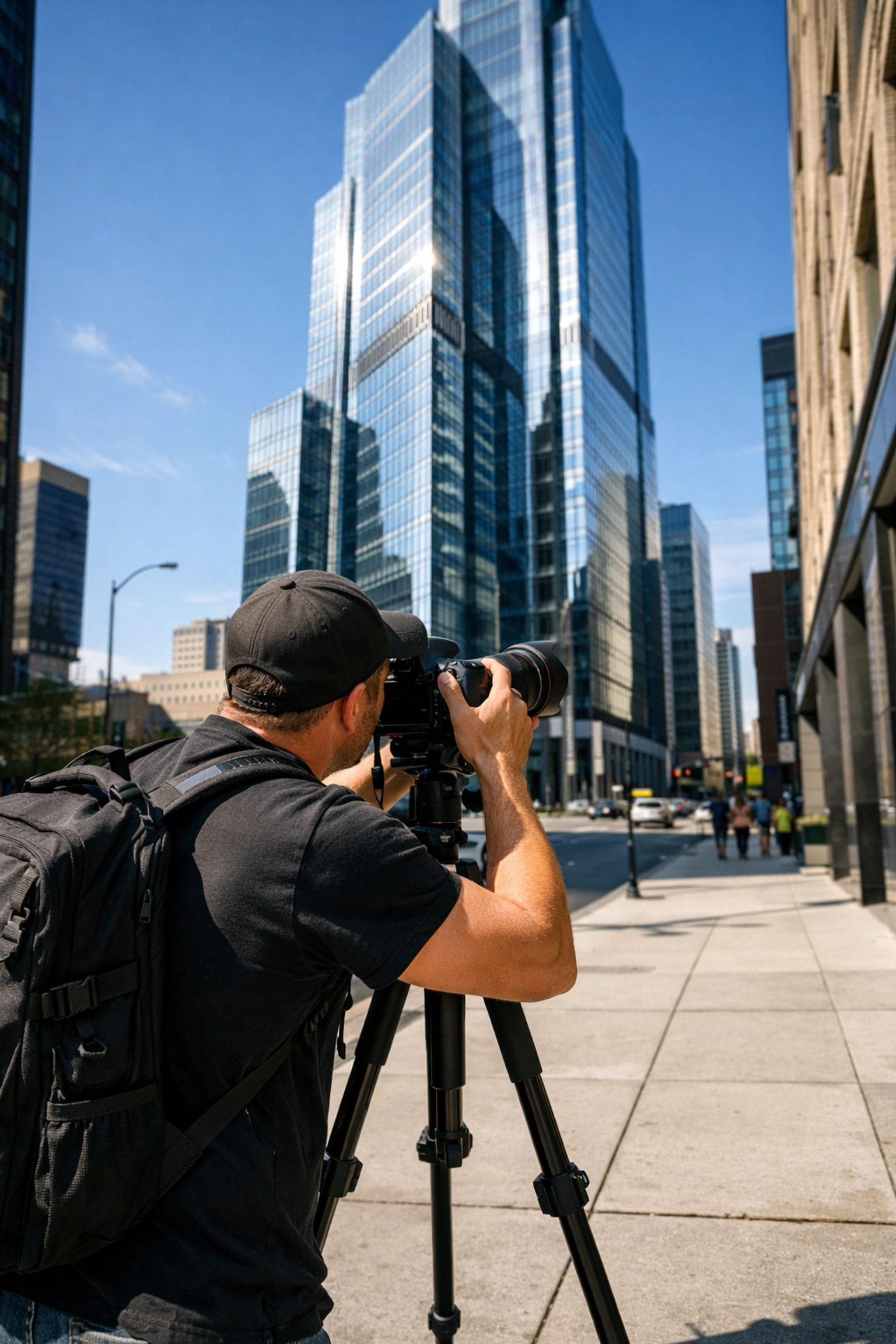 A professional commercial photographer shooting urban architecture to land high-paying photography projects.