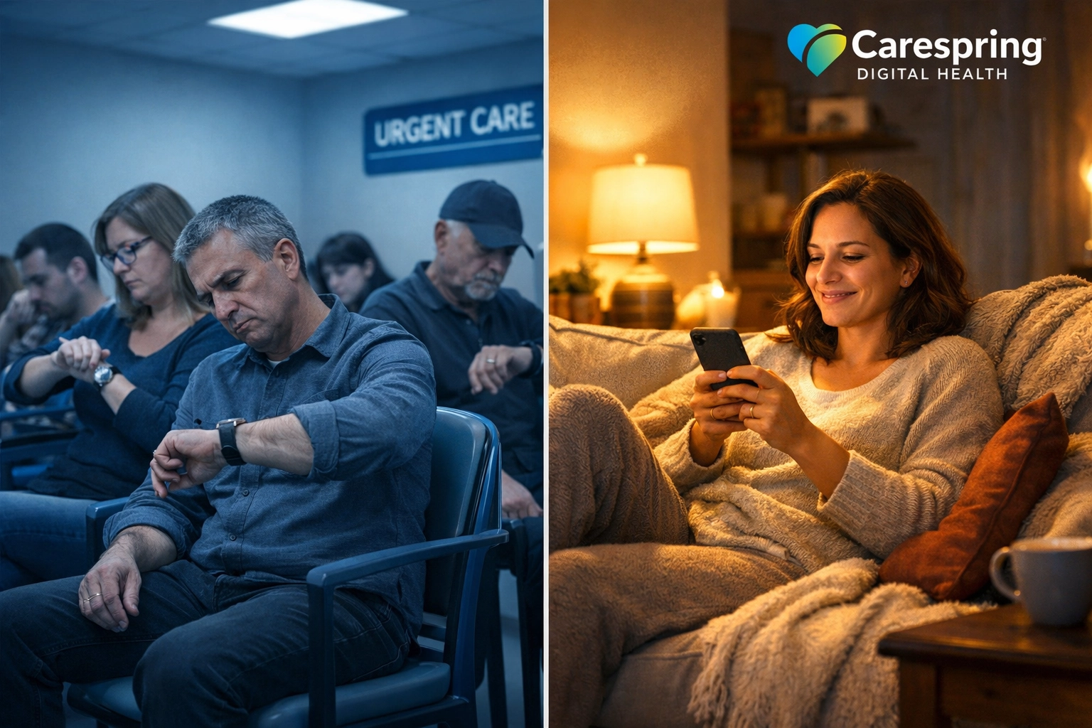 Urgent care waiting room compared to patient using online telehealth at home on smartphone