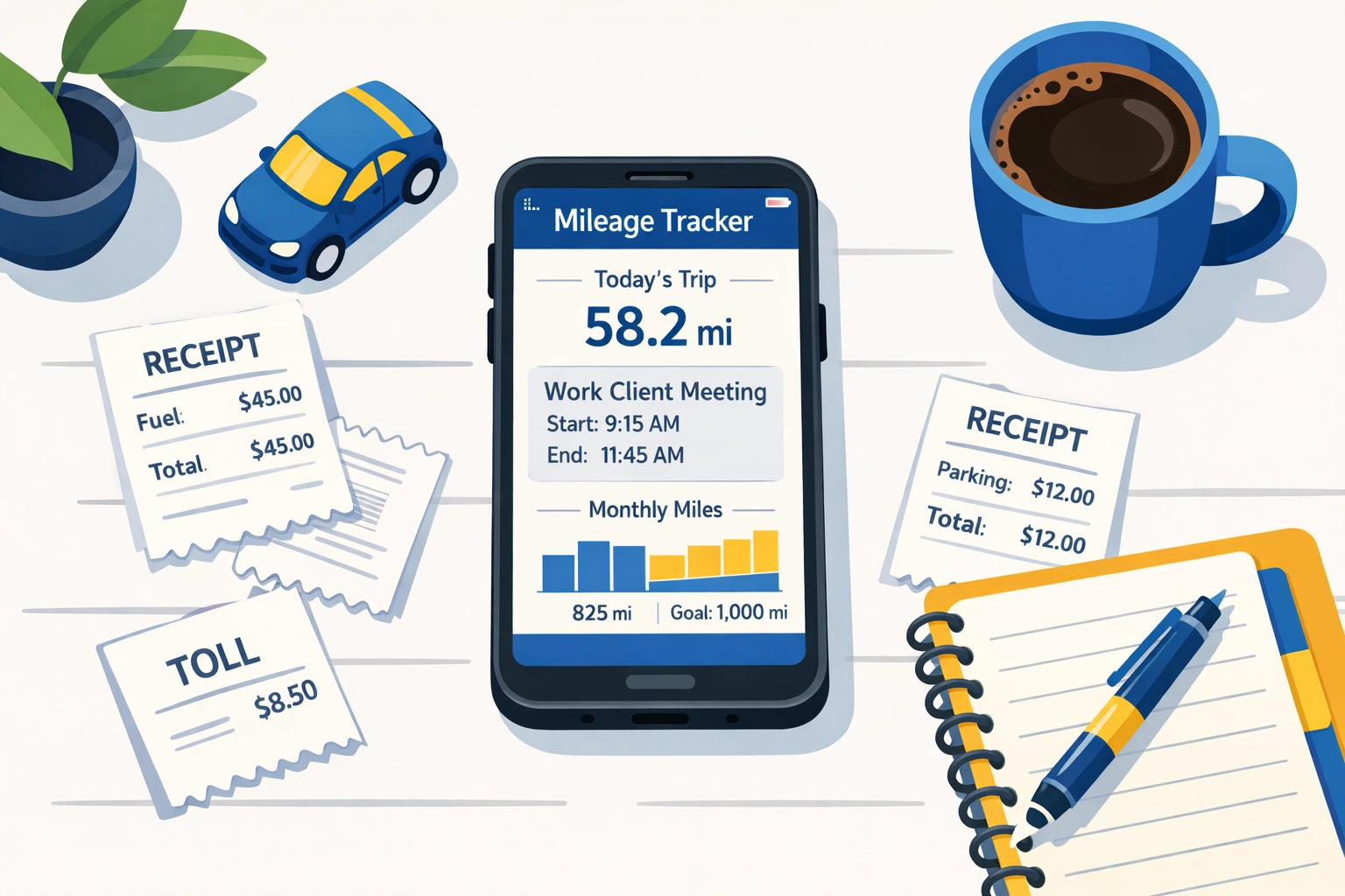 Desk workspace with mileage tracking app, receipts, and notebook for work expense deductions