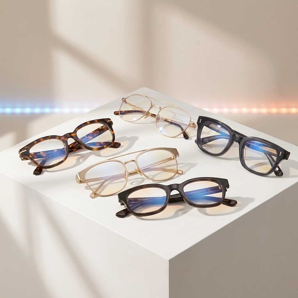 Variety of premium designer eyeglass frames displayed at a Michigan eye doctor's office